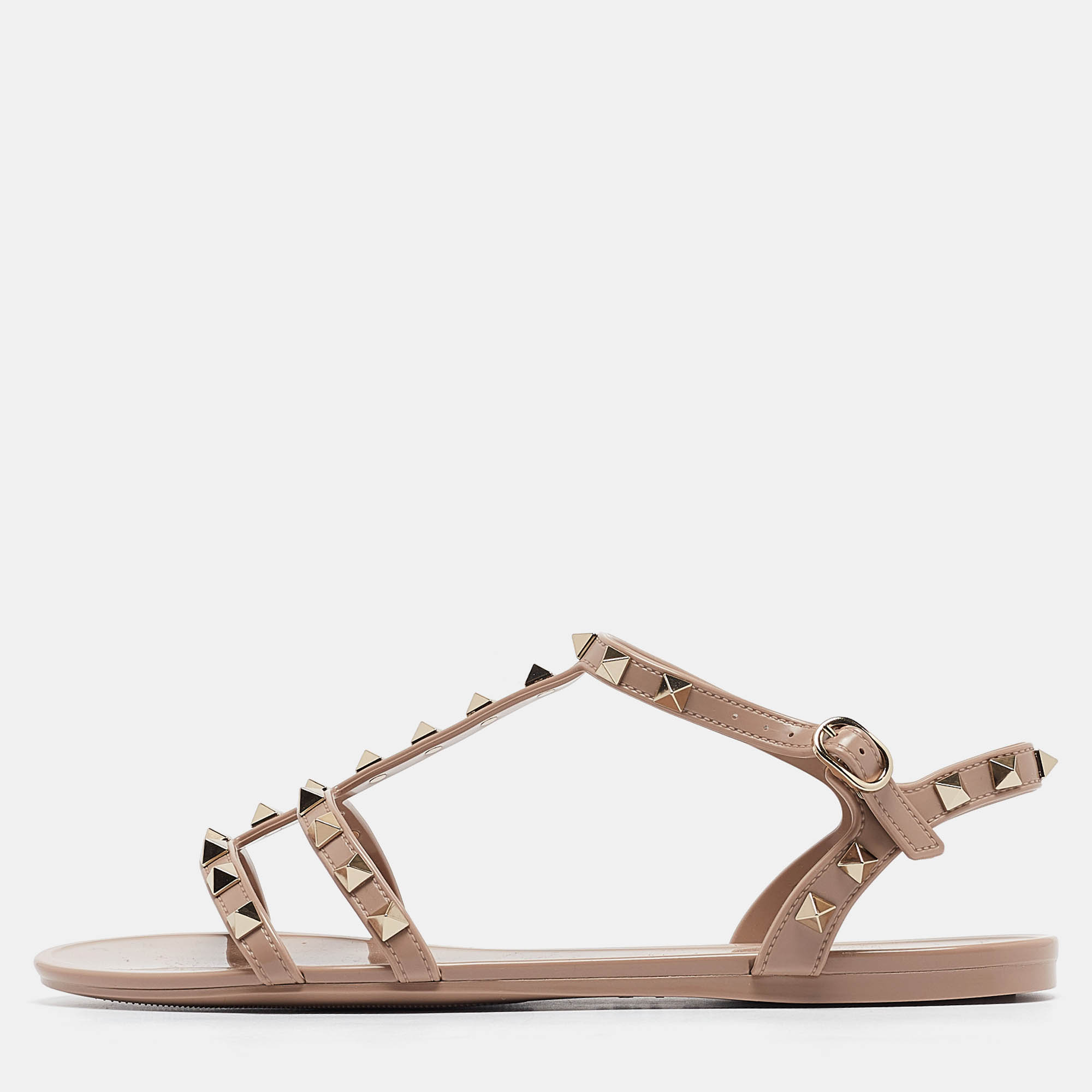 

Valentino Dusty Pink Rubber Rockstud Ankle Strap Flat Sandals Size