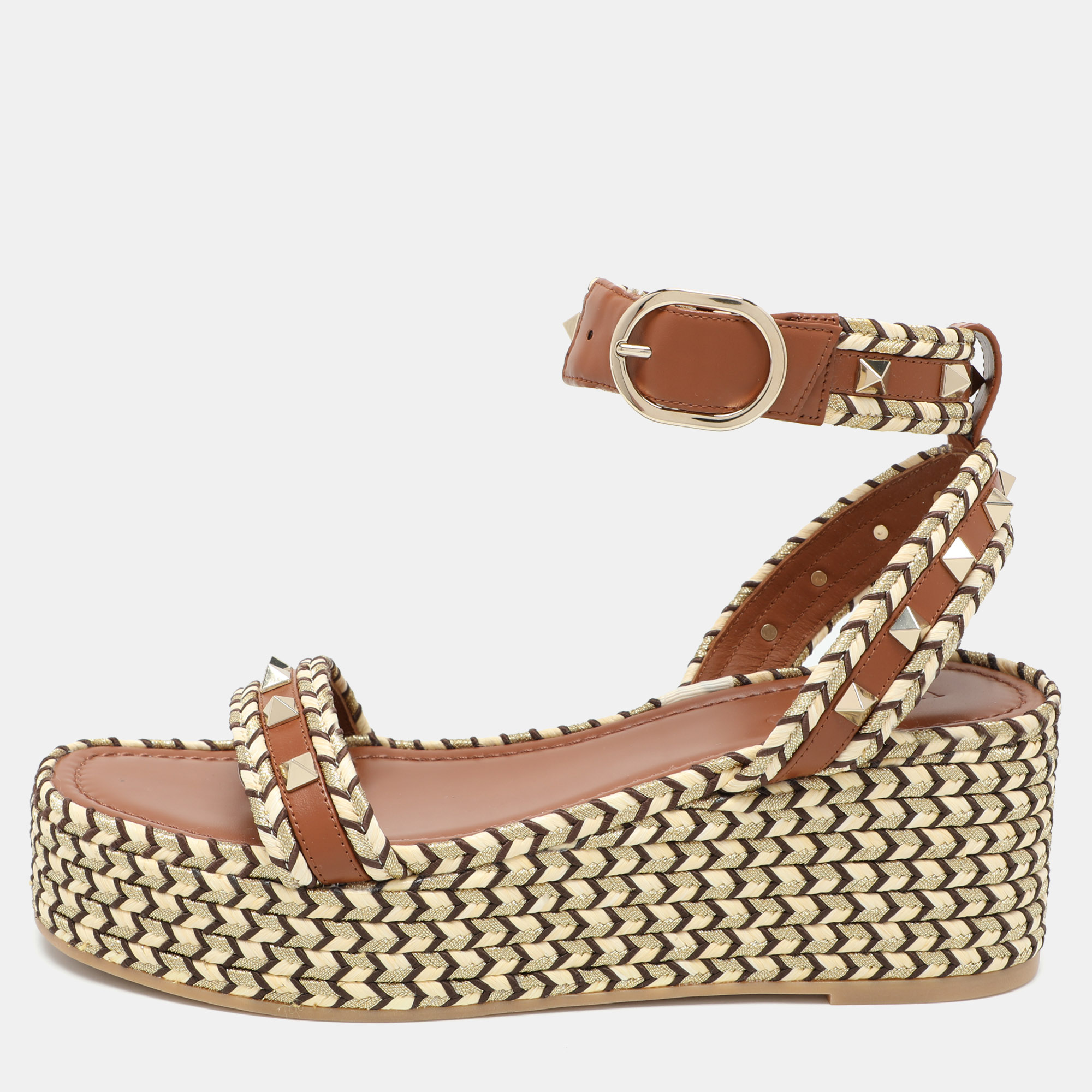 

Valentino Multicolor Leather and Raffia Rockstud Platform Espadrille Sandals Size