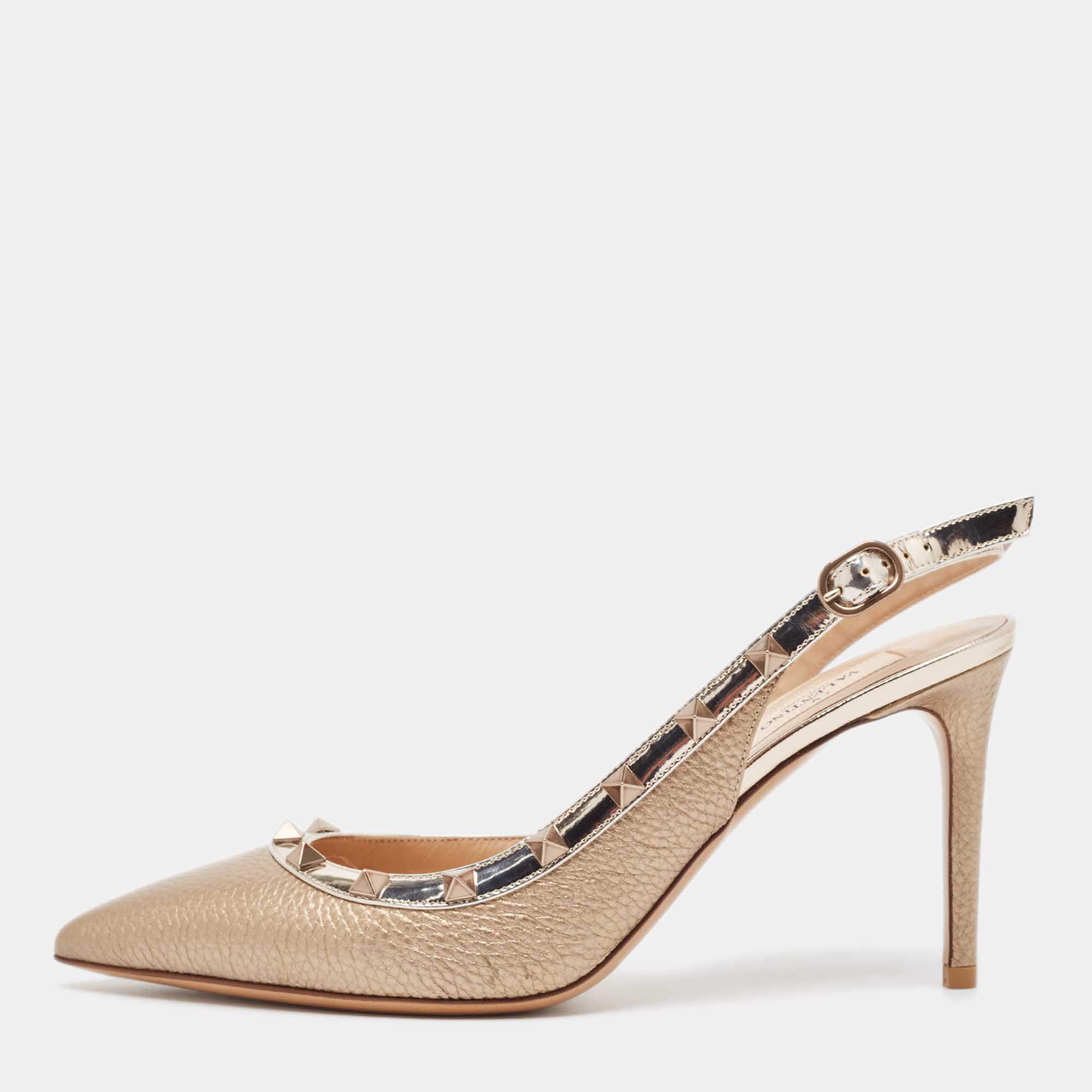 

Valentino Metallic Leather Rockstud Pumps Size