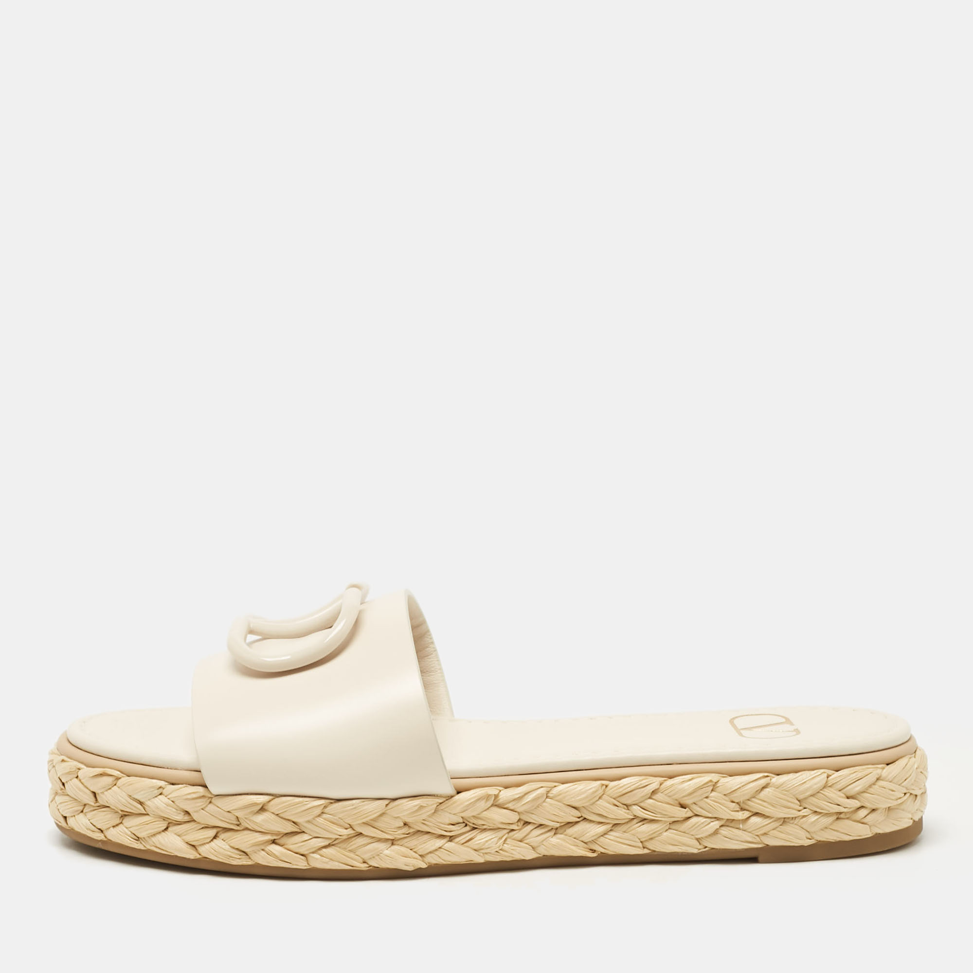 

Valentino Off White Leather VLogo Espadrille Flat Slides Size