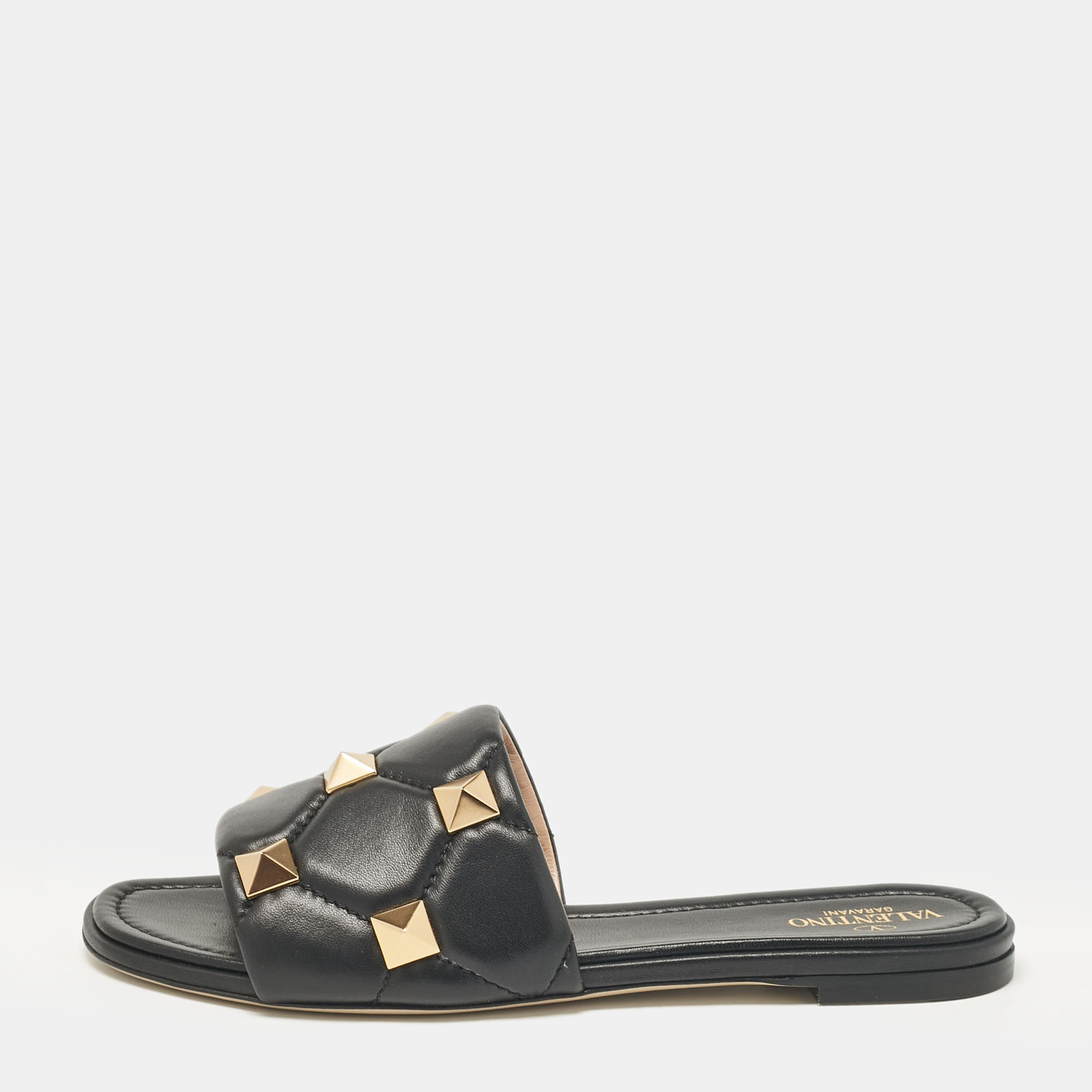 

Valentino Black Leather Roman Stud Flat Slides Size