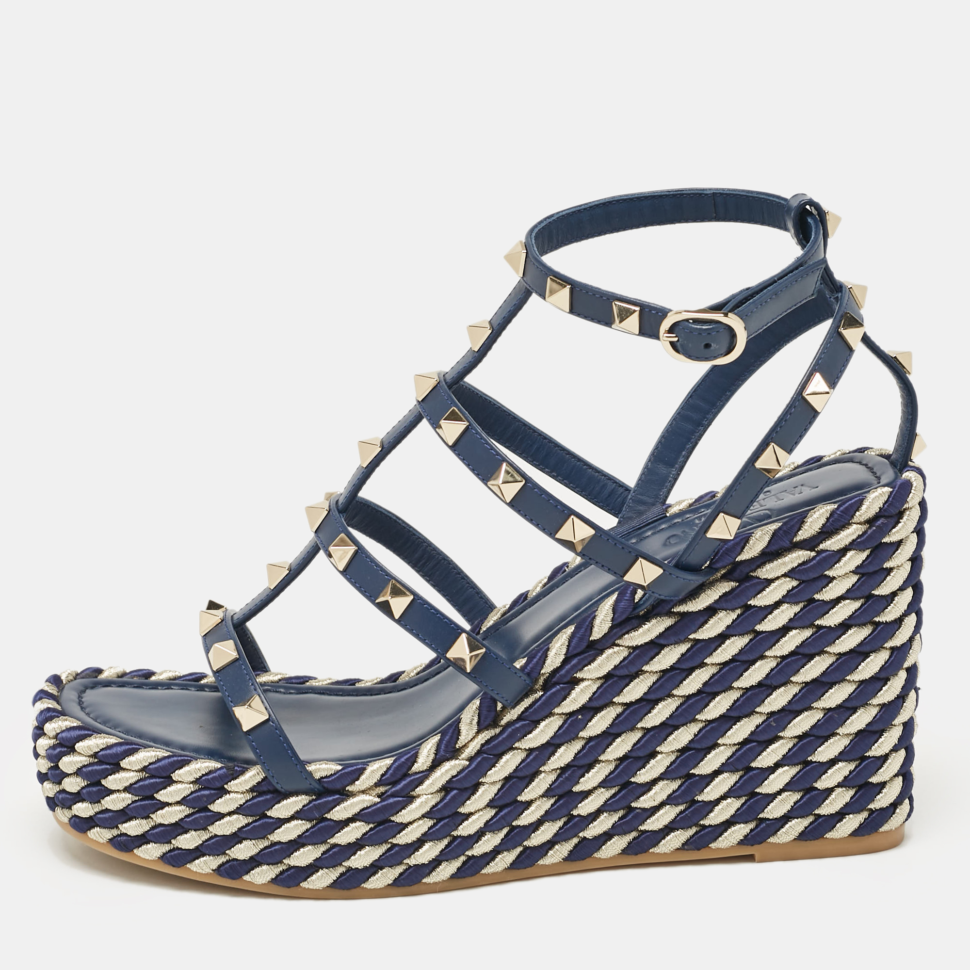 

Valentino Navy Blue Leather Rockstud Wedge Sandals Size