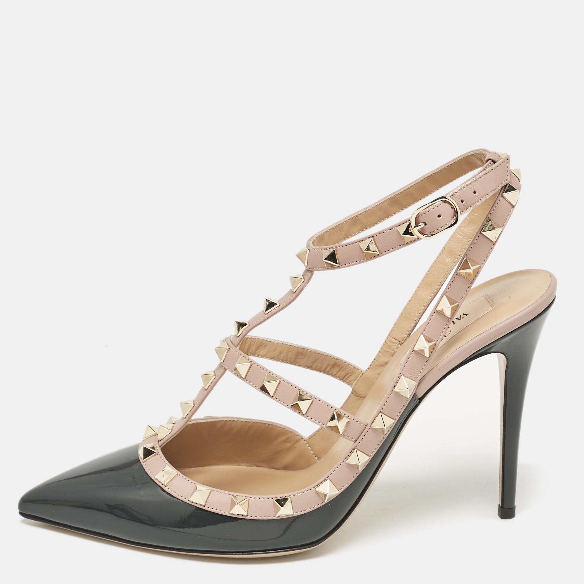 

Valentino Beige/Grey Leather and Patent Leather Rockstud Pumps Size