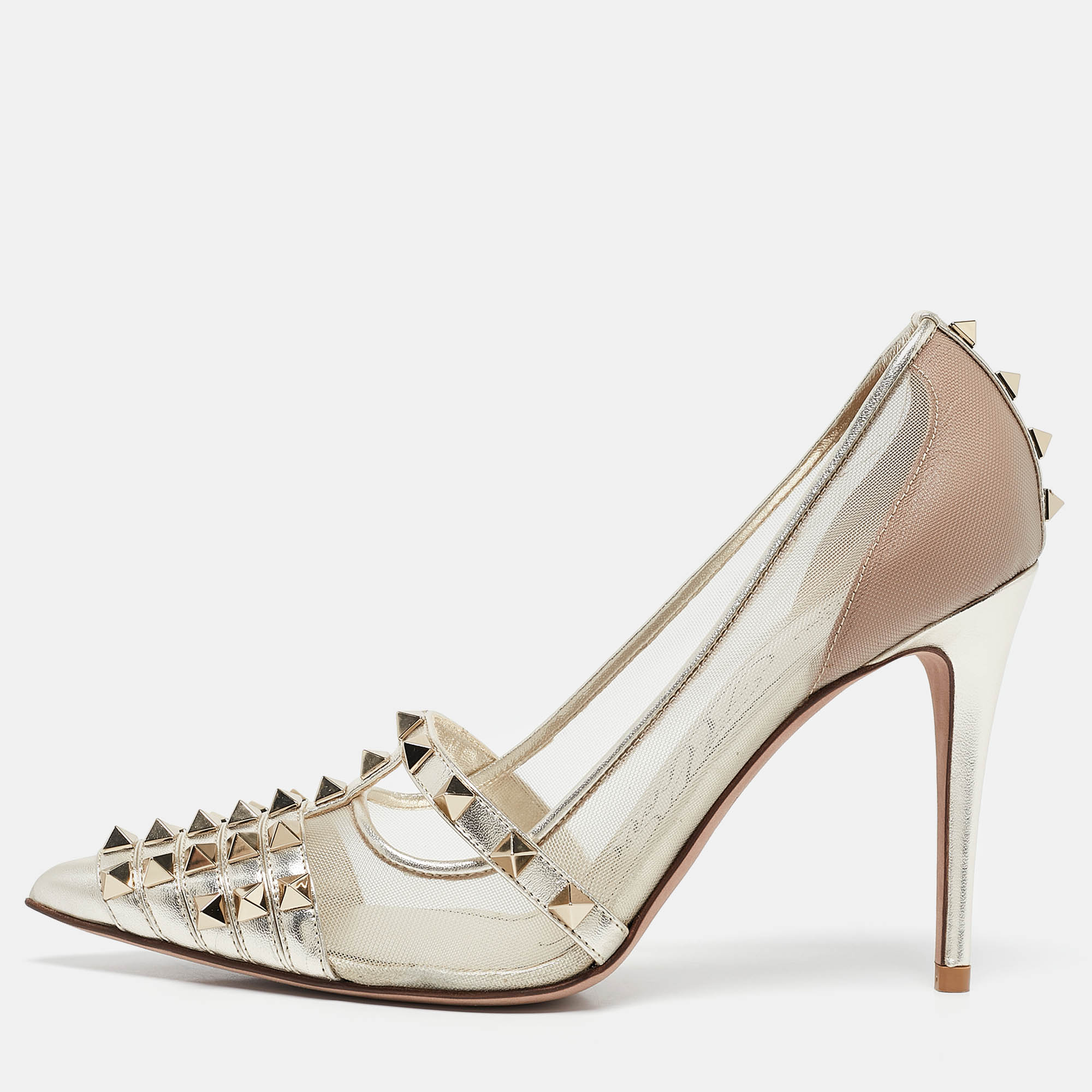 

Valentino Gold Leather and Mesh Rockstud Pumps Size