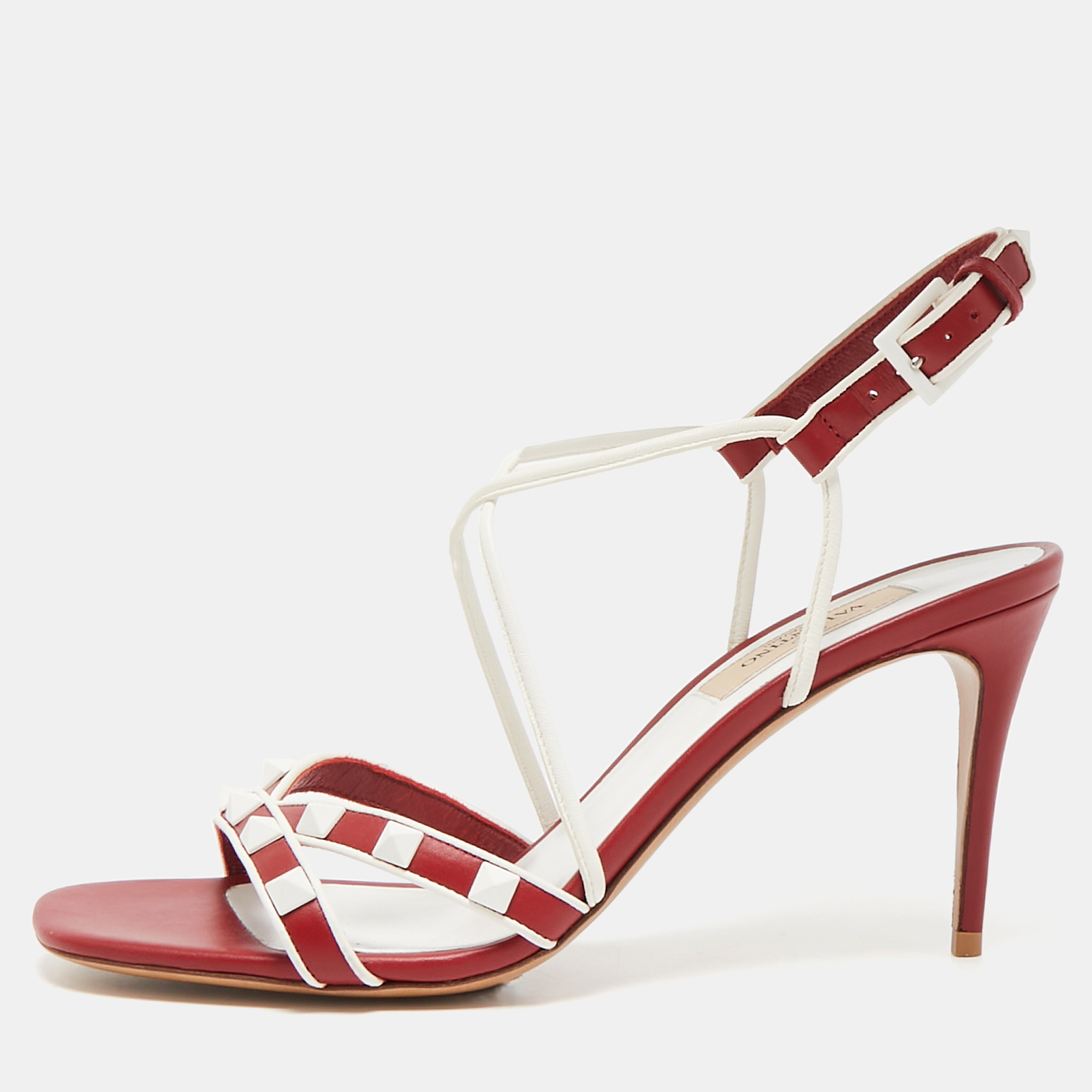 

Valentino Red Leather Free Rockstud Crisscross Slingback Sandals Size