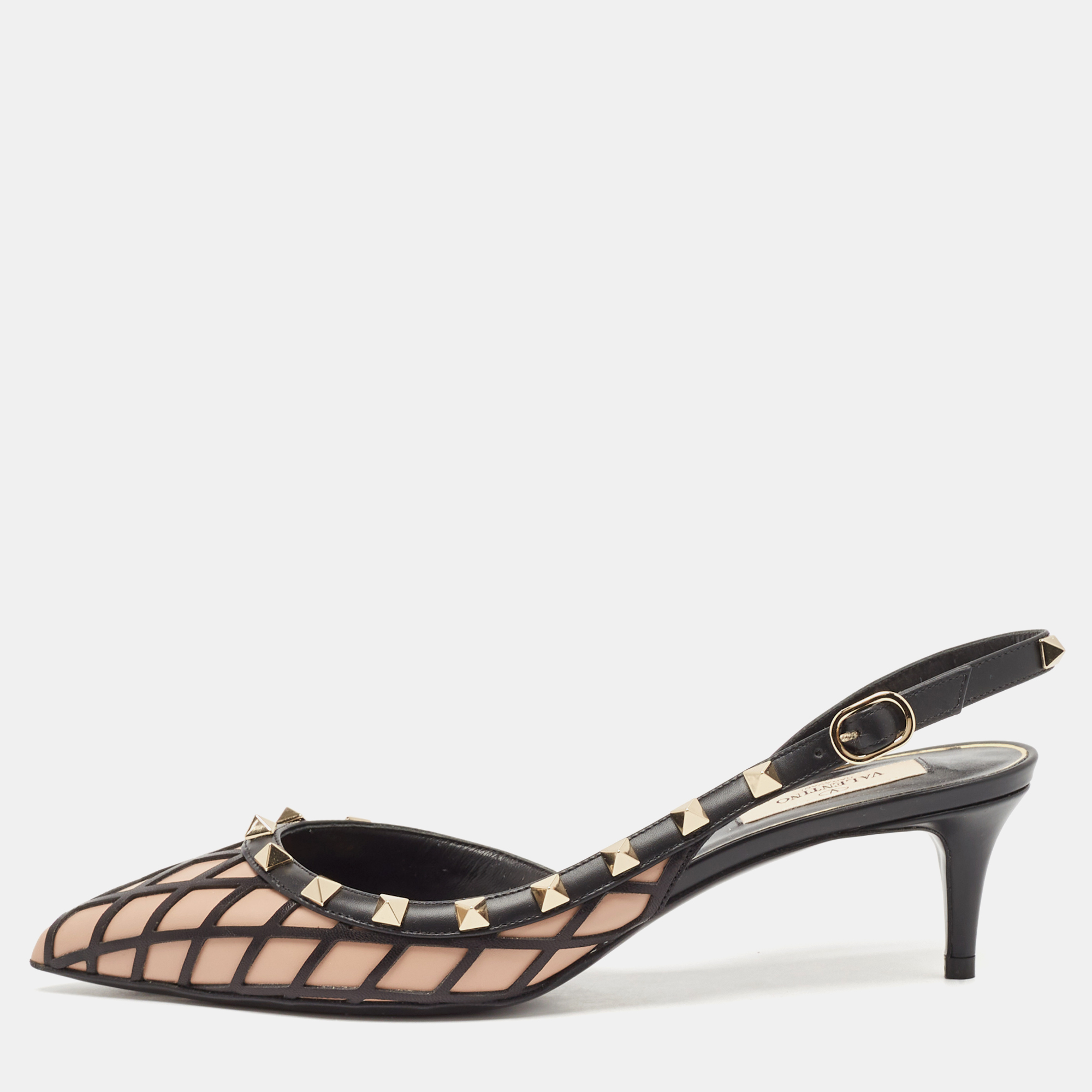 

Valentino Black/Beige Leather Rockstud Slingback Pumps Size