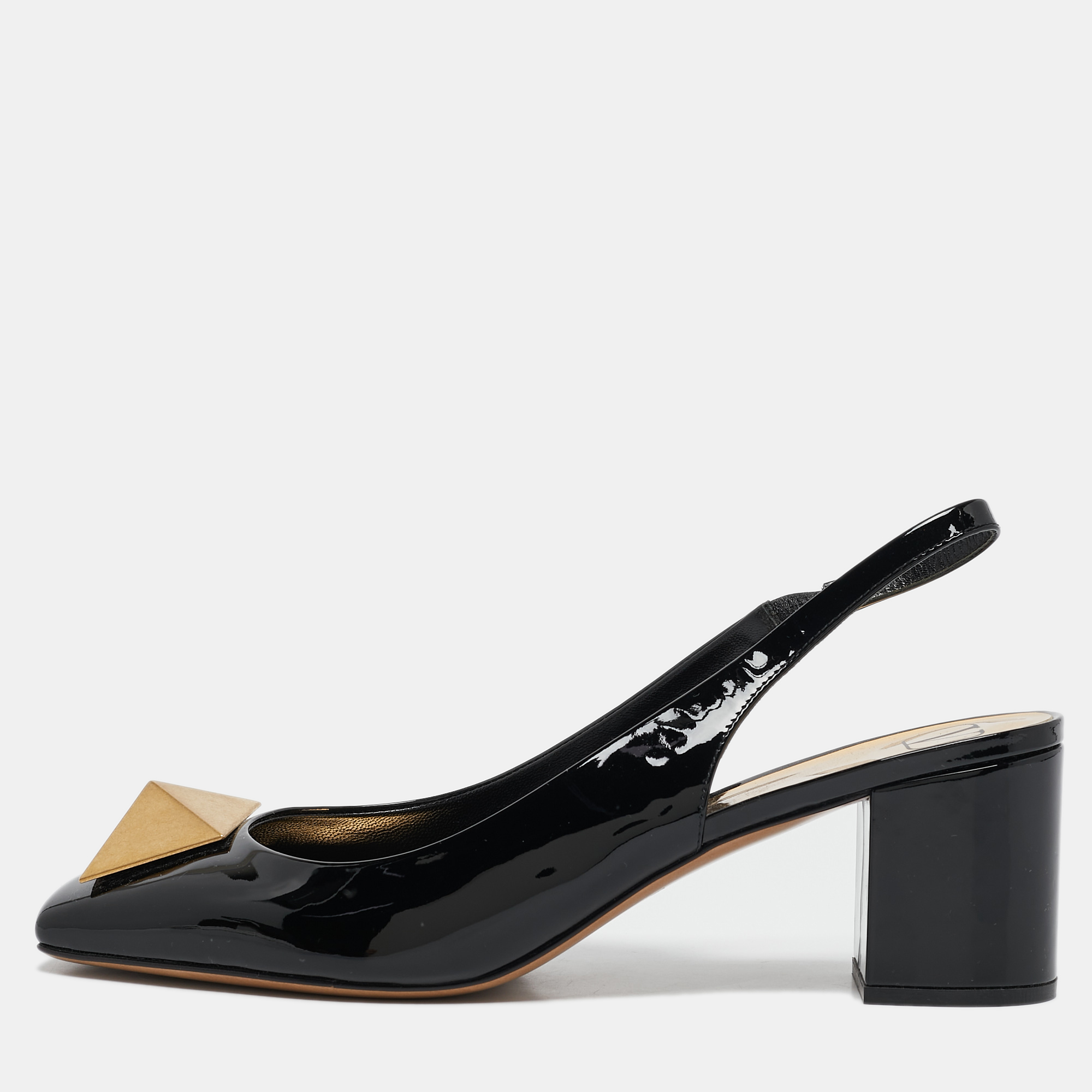 

Valentino Black Patent Leather One Stud Block Heel Slingback Pumps Size