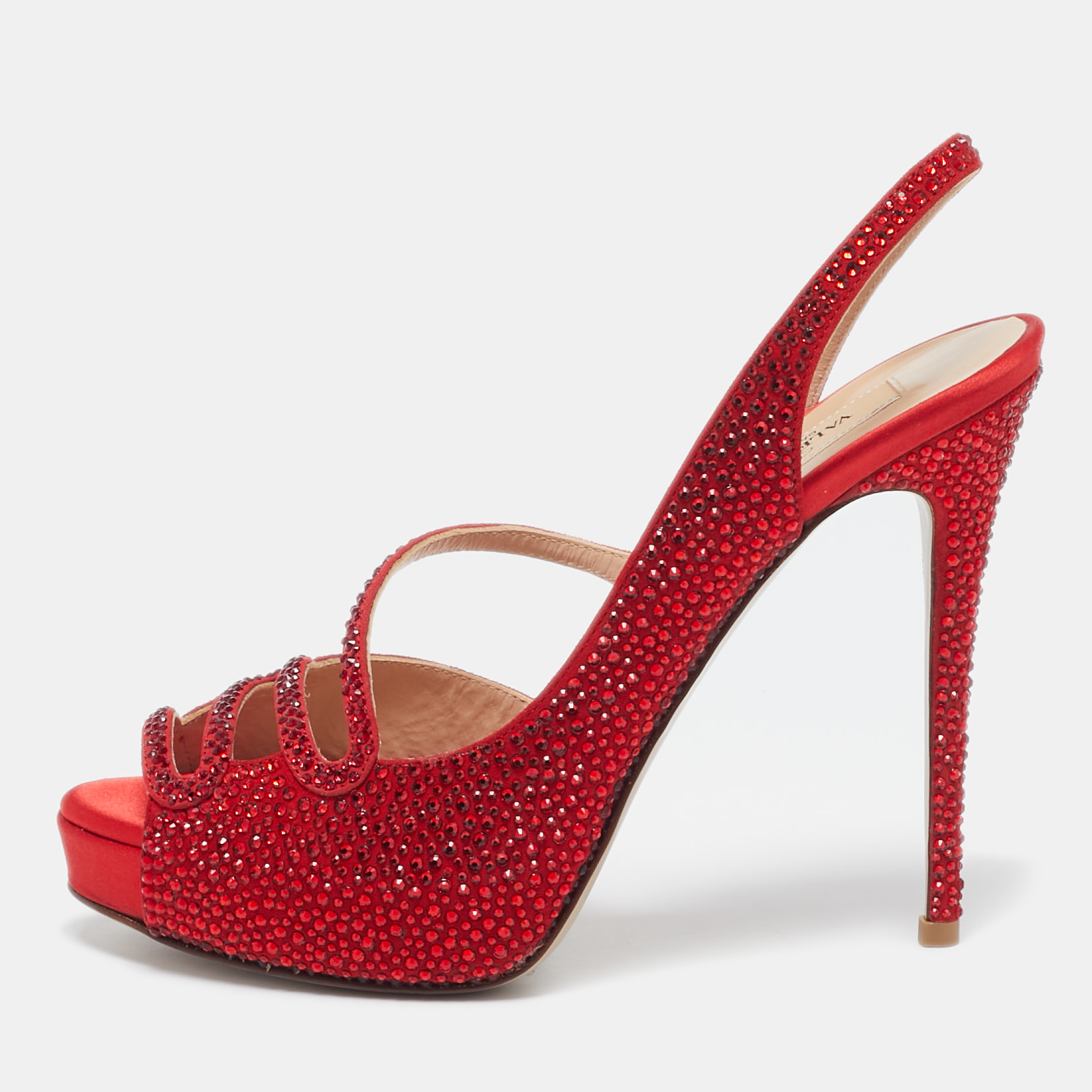 

Valentino Red Suede Crystal Embellished Slingback Platform Sandals Size