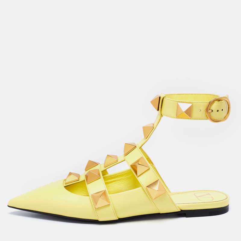 

Valentino Lime Yellow Roman Stud Ankle Cuff Flats Size