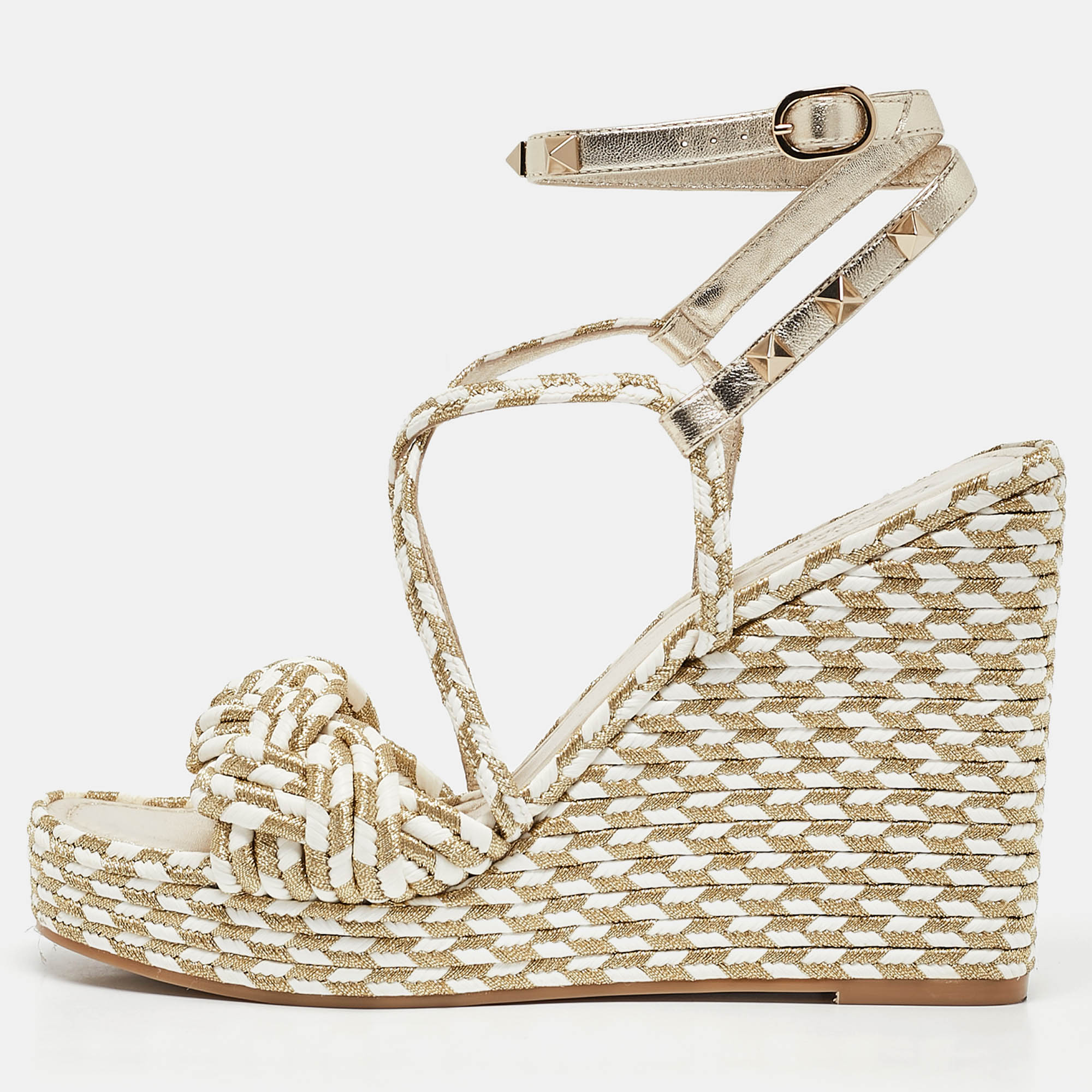 

Valentino Light Gold/White Leather and Rope Torchon Rockstud Wedge Sandals Size