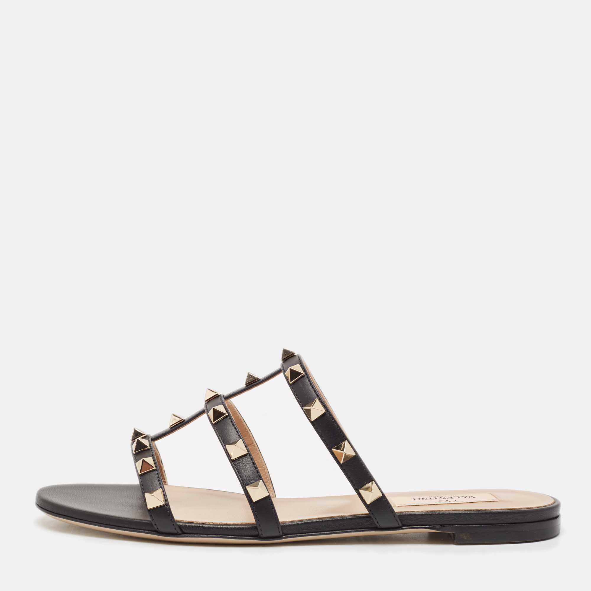 

Valentino Black Leather Rockstud Flat Slides Size