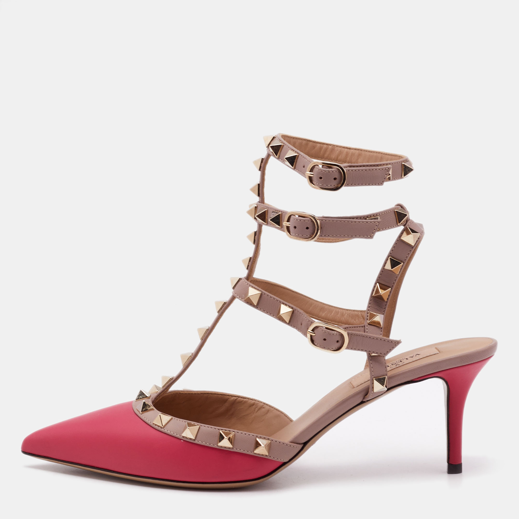 

Valentino Beige/Pink Leather Rockstud Ankle Strap Pumps Size