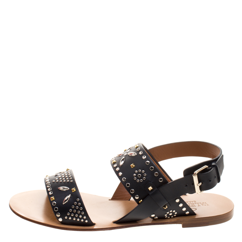 

Valentino Black Embellished Leather Flat Sandals Size