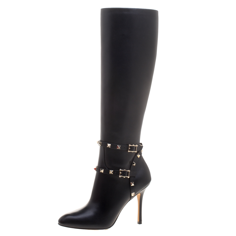 Pre Owned Valentino Black Leather Rockstud Knee Length Boots Size 37