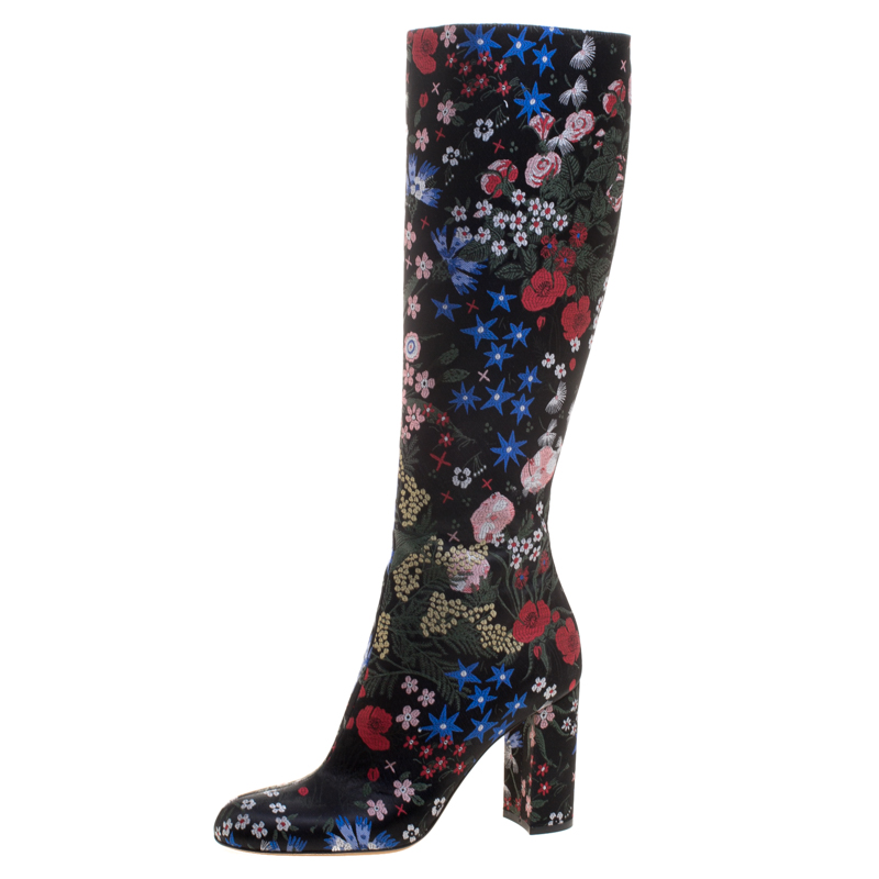 Pre Owned Valentino Black Spring Garden Brocade Knee Length Boots Size 39
