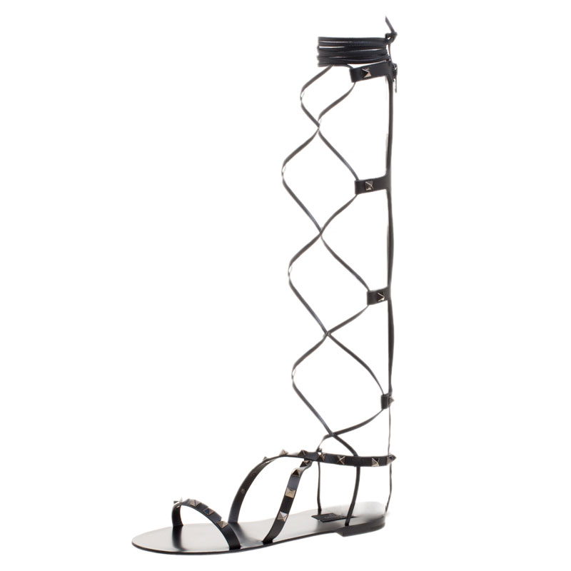 Pre Owned Valentino Black Leather Knee High Rockstud Gladiator Sandals Size 39.5