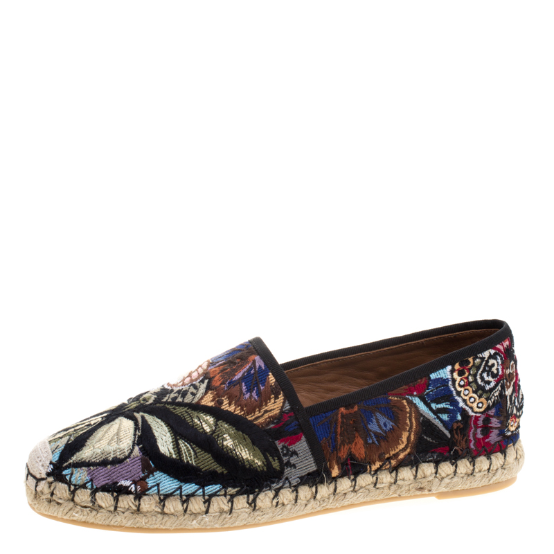Pre Owned Valentino Black Camubutterfly Embroidered Canvas Espadrilles Size 41