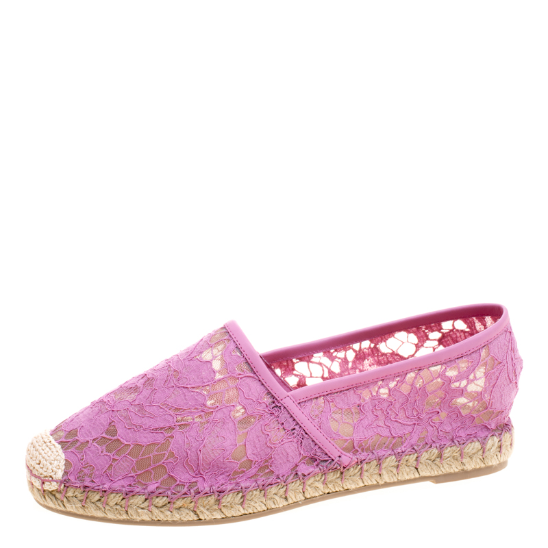 Pre Owned Valentino Pink Lace and Leather Espadrilles Size 37