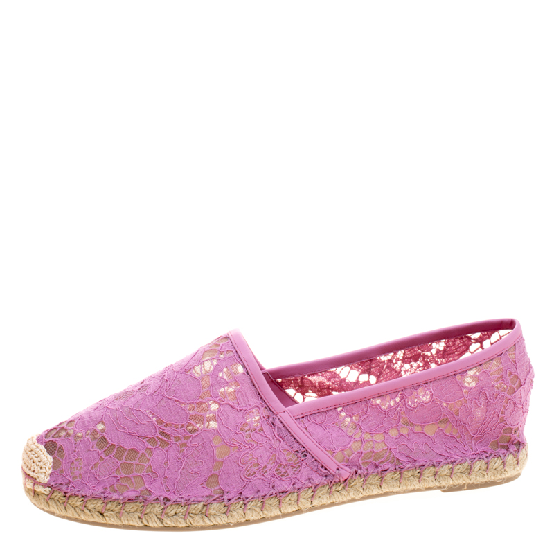 Pre Owned Valentino Pink Lace and Leather Espadrilles Size 41