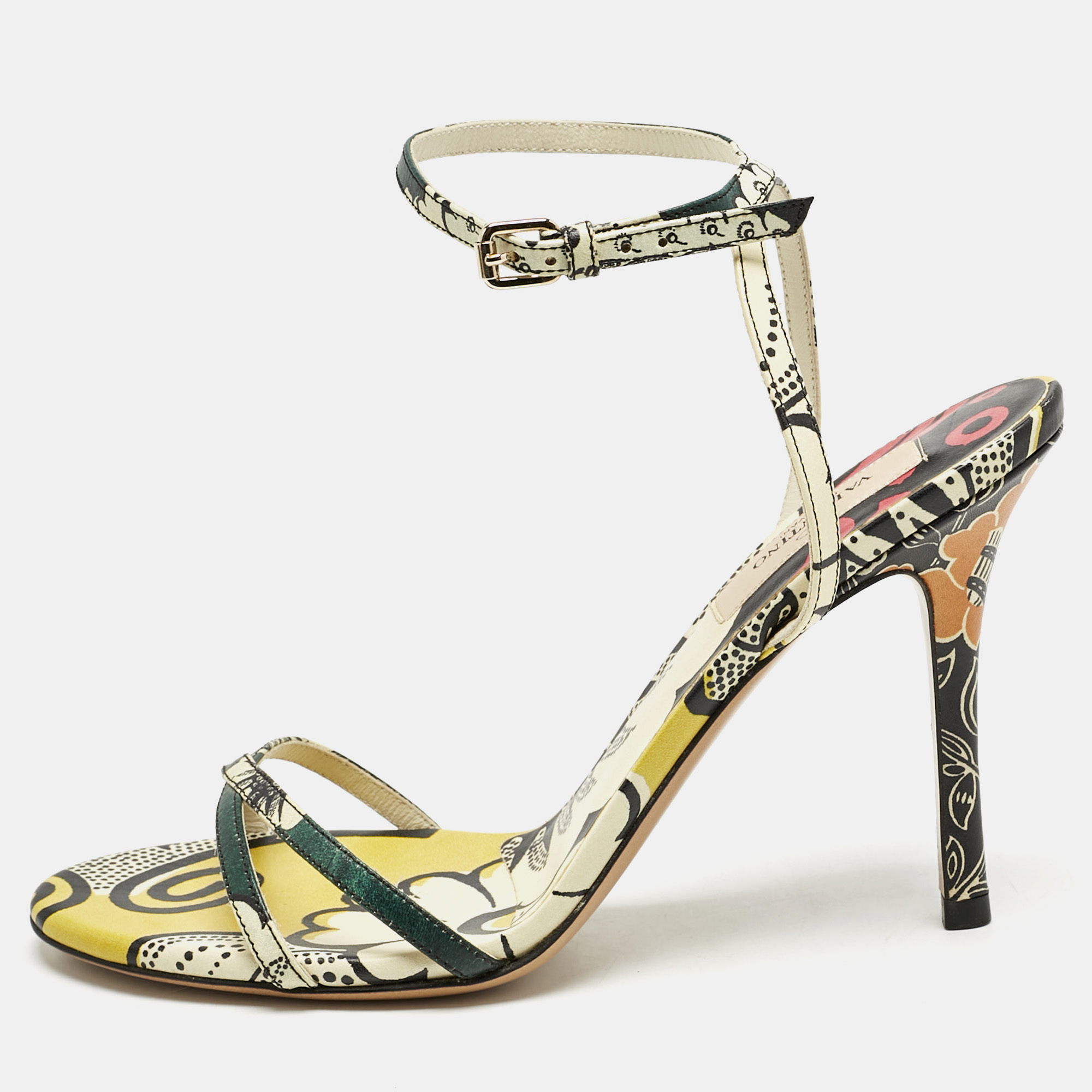 

Valentino Multicolor Printed Leather Ankle Strap Sandals Size