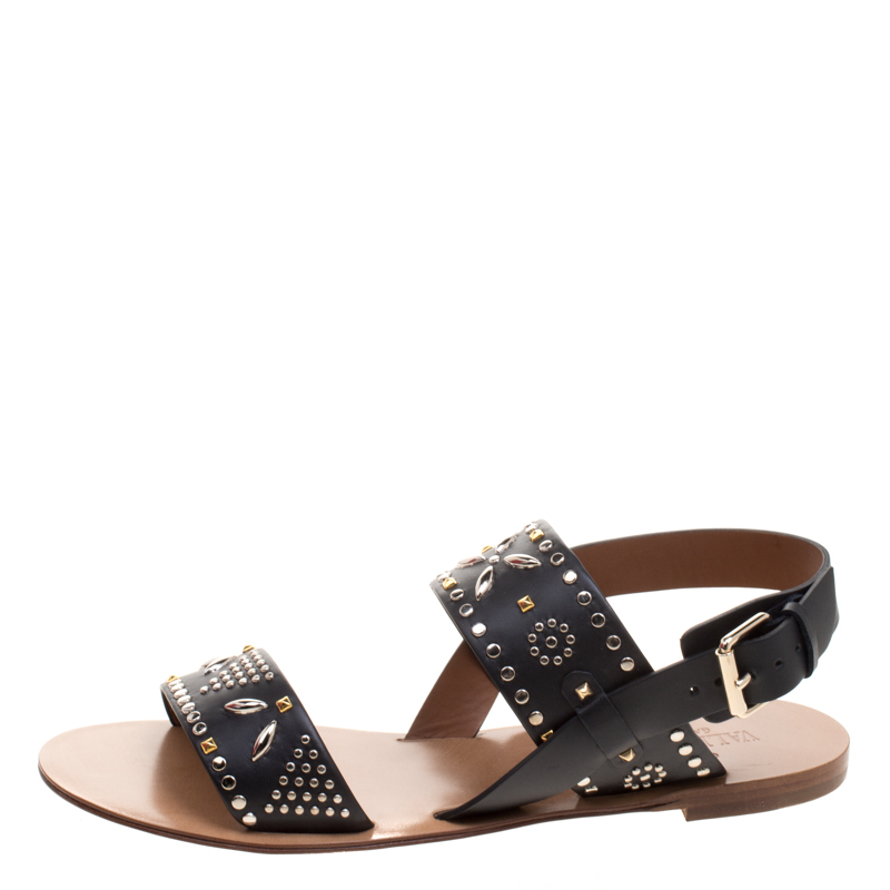 

Valentino Black Embellished Leather Flat Sandals Size