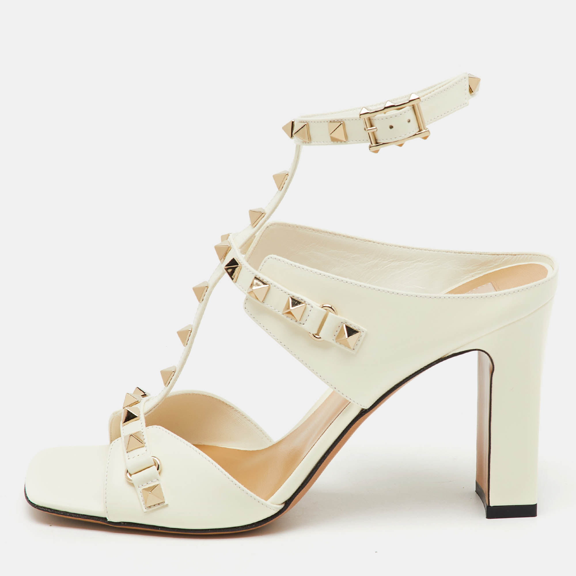 

Valentino Ivory Leather Rockstud Ankle Strap Sandals Size, Cream