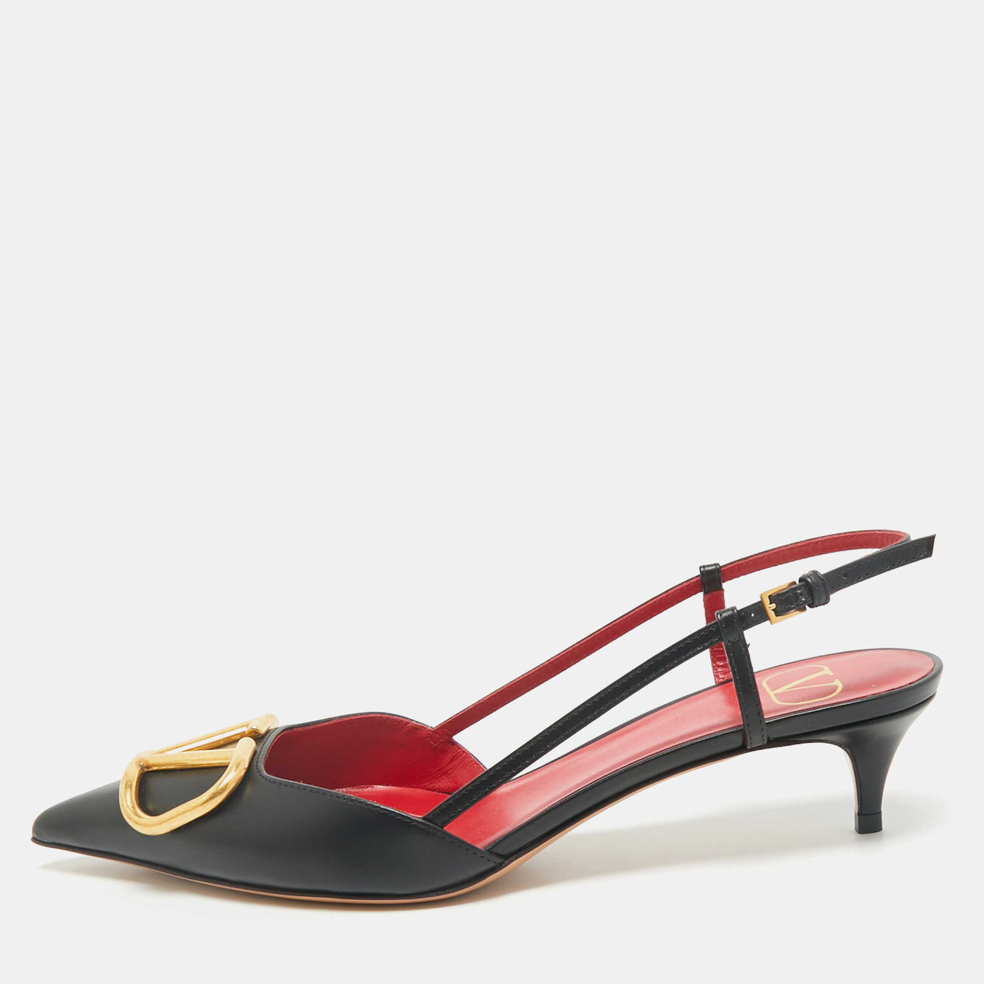 

Valentino Black Leather Escape V logo Slingback Pumps Size
