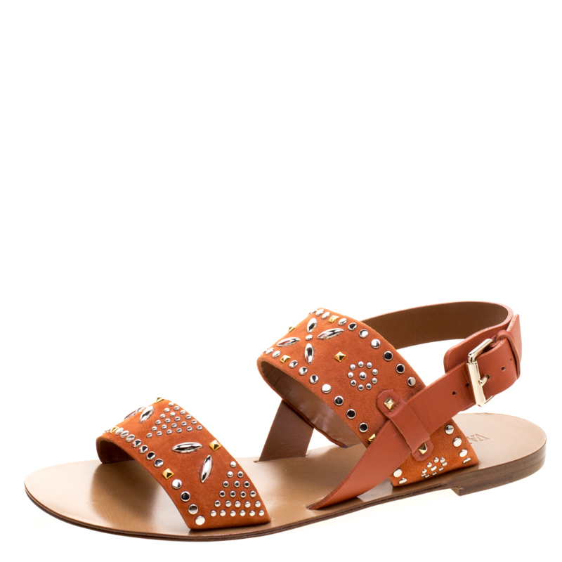 Pre Owned Valentino Orange Embellished Suede Flat Sandals Size 38