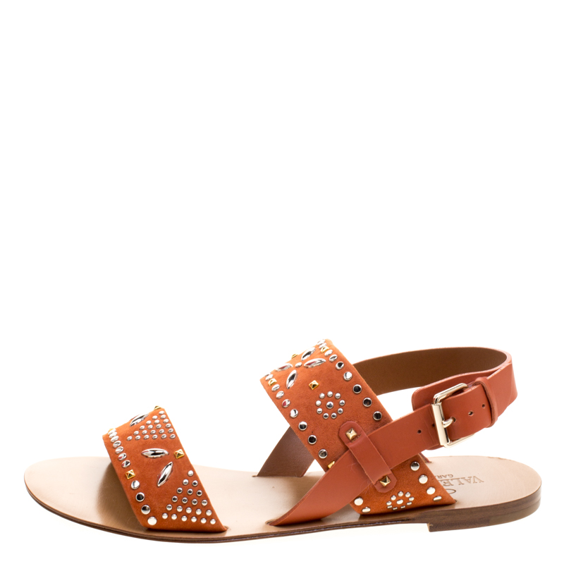 

Valentino Orange Embellished Suede Flat Sandals Size