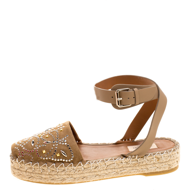 

Valentino Beige Embellished Suede and Leather Ankle Strap Espadrilles Size