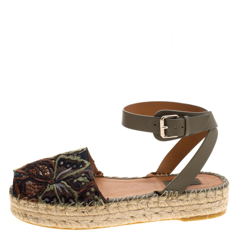 

Valentino Olive Embroidered And Leather Ankle Strap Espadrille Sandals Size, Green