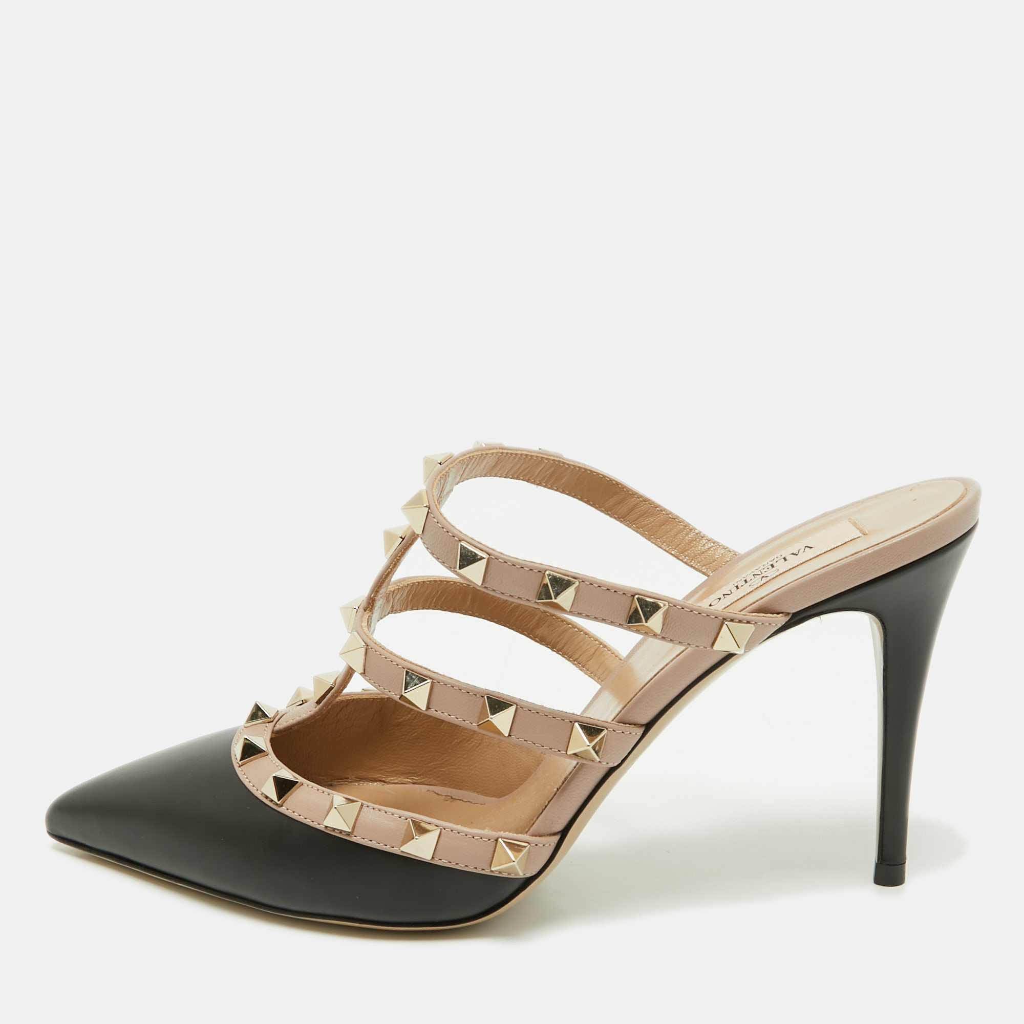 

Valentino Black/Dusty Pink Leather Rockstud Mules Size
