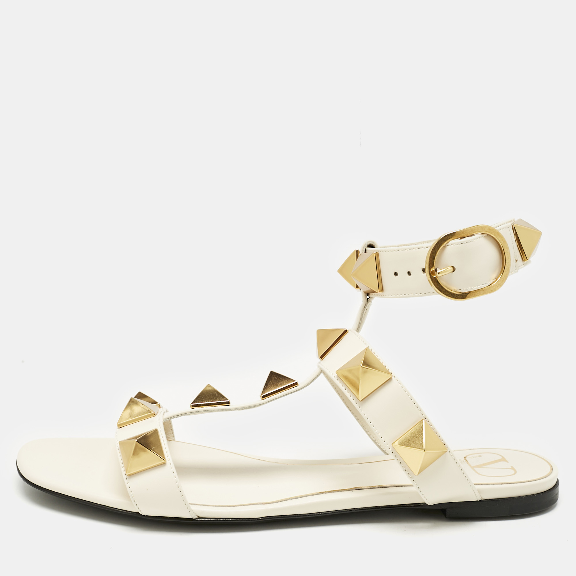 

Valentino Cream Leather Roman Stud Flat Sandals Size