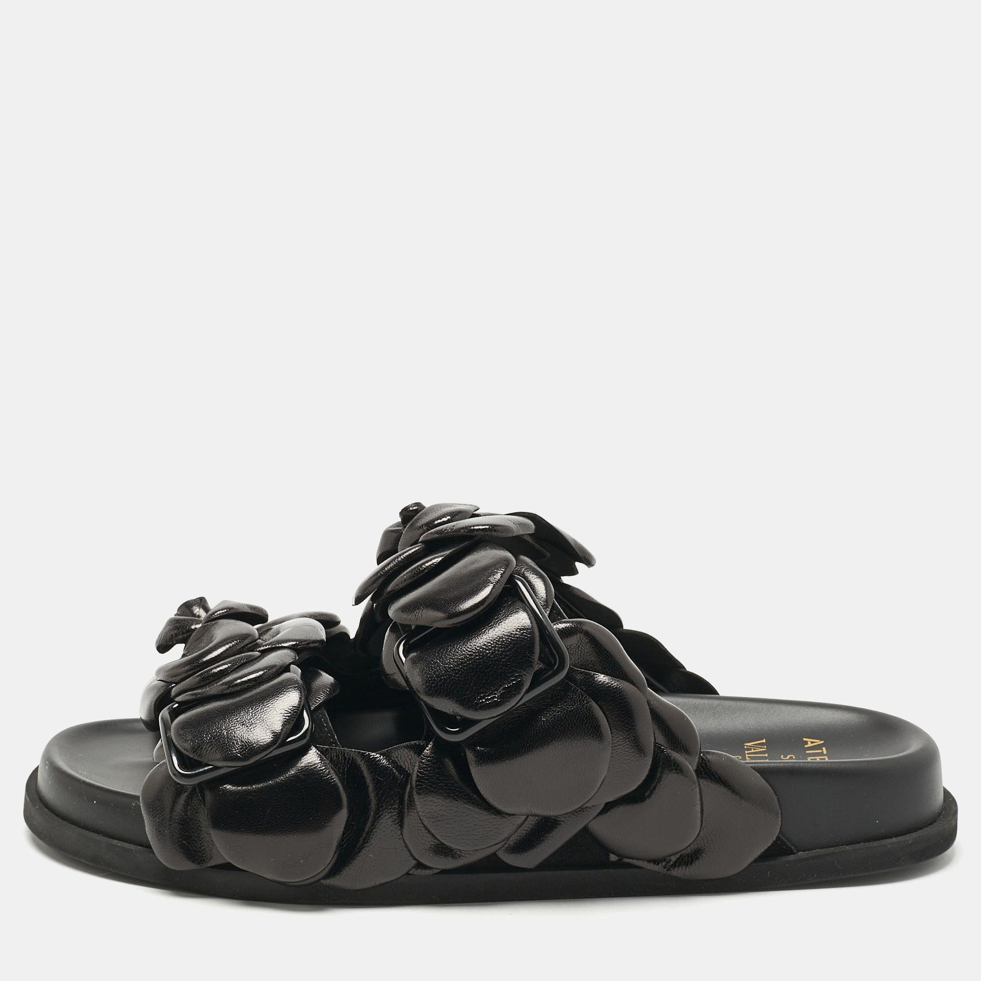 

Valentino Black Leather 03 Rose Edition Atelier Flat Slides Size