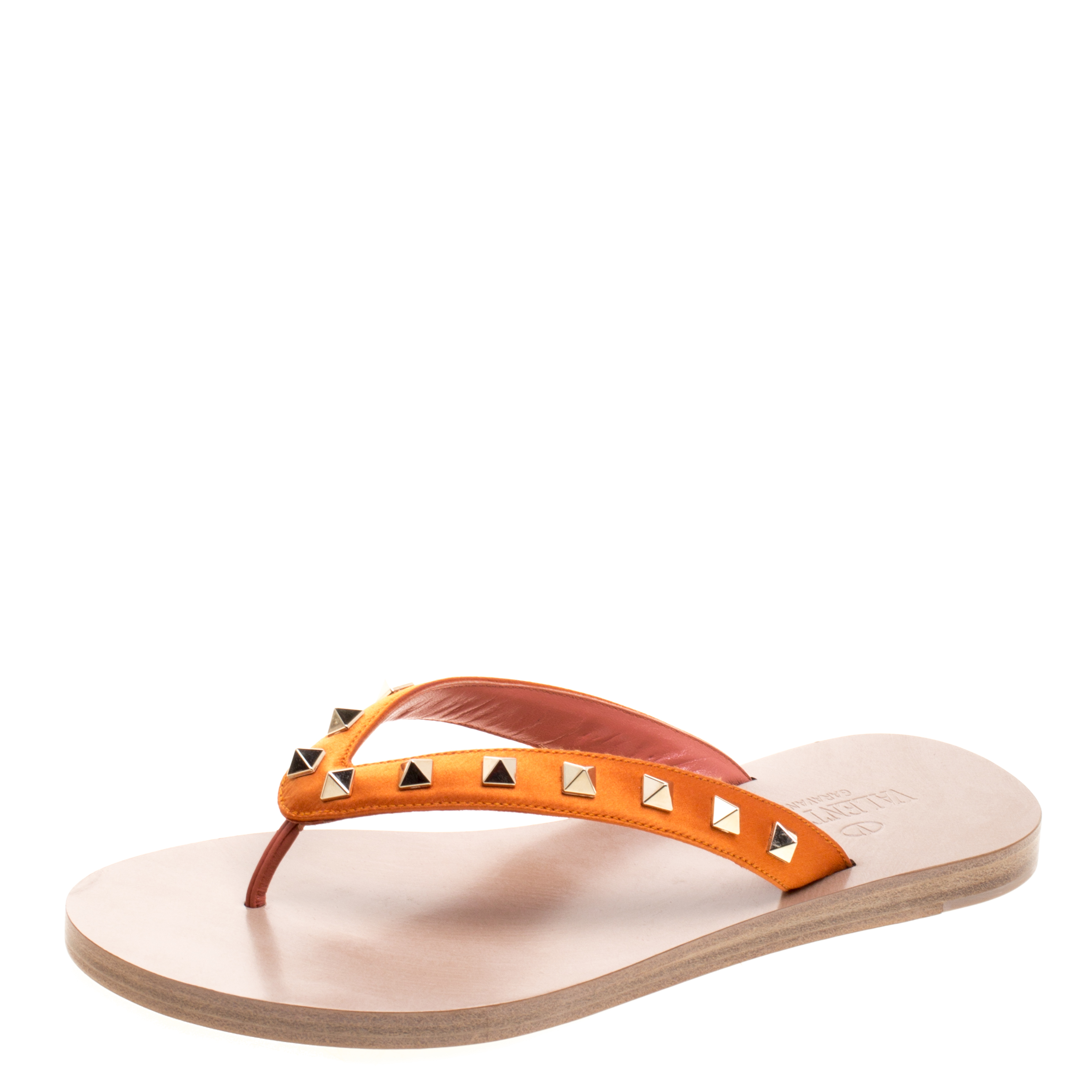 Pre Owned Valentino Orange Satin Rockstud Flat Thong Sandals Size 38