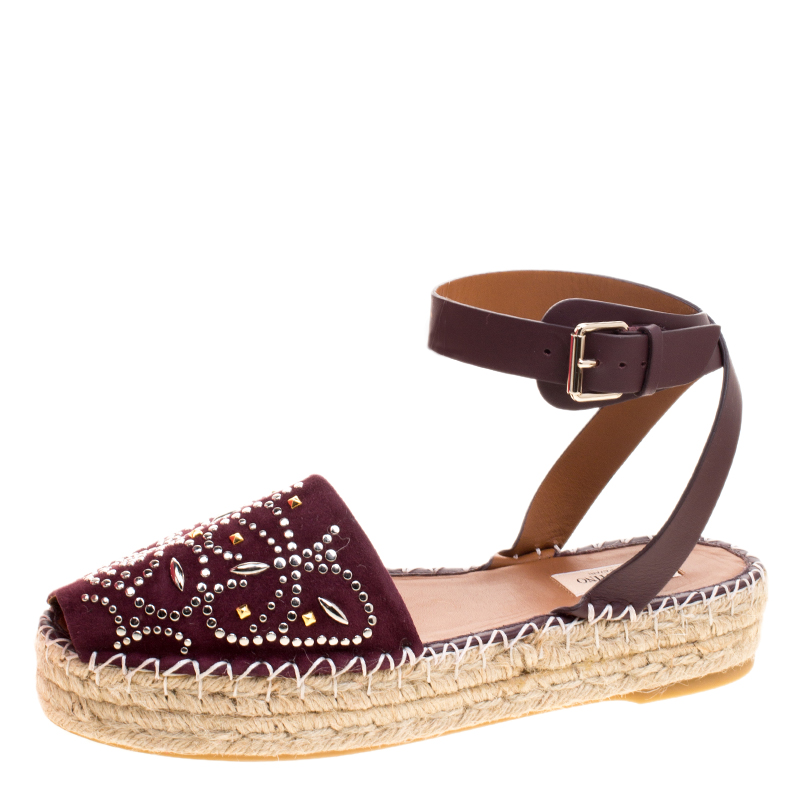 Pre Owned Valentino Burgundy Embellished Suede and Leather Ankle Strap Espadrilles Size 40