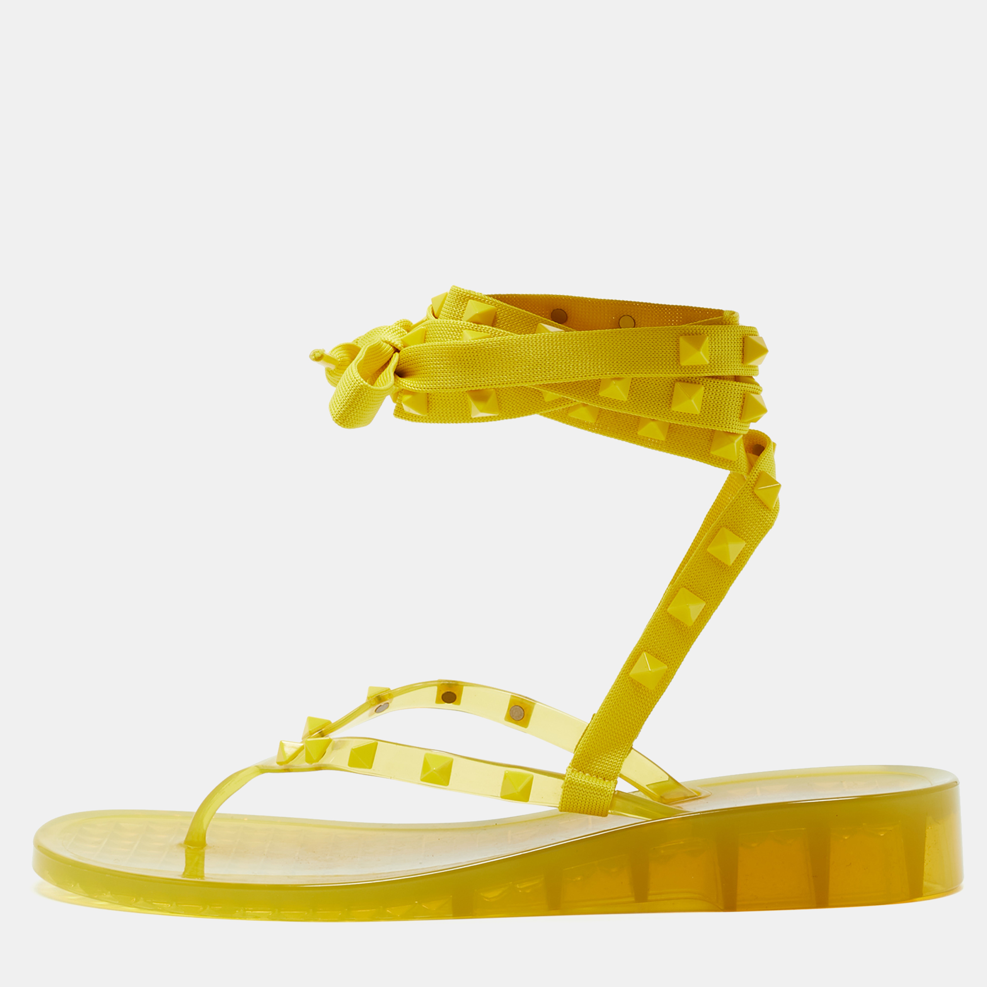 Valentino Yellow Fabric and Rubber Rockstud Thong Ankle Wrap Flats Size 39