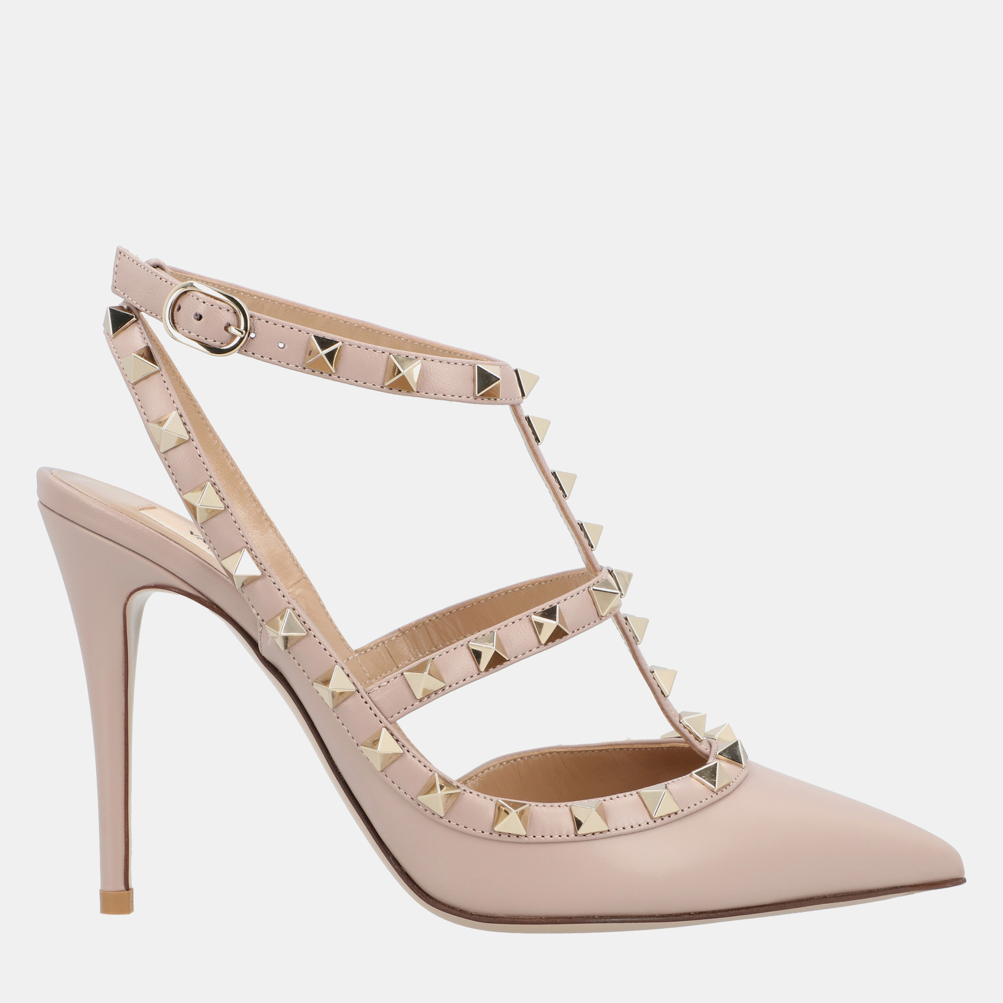 

Valentino Rockstud Pointed Toe Caged EU  Nude Leather Pumps, Brown