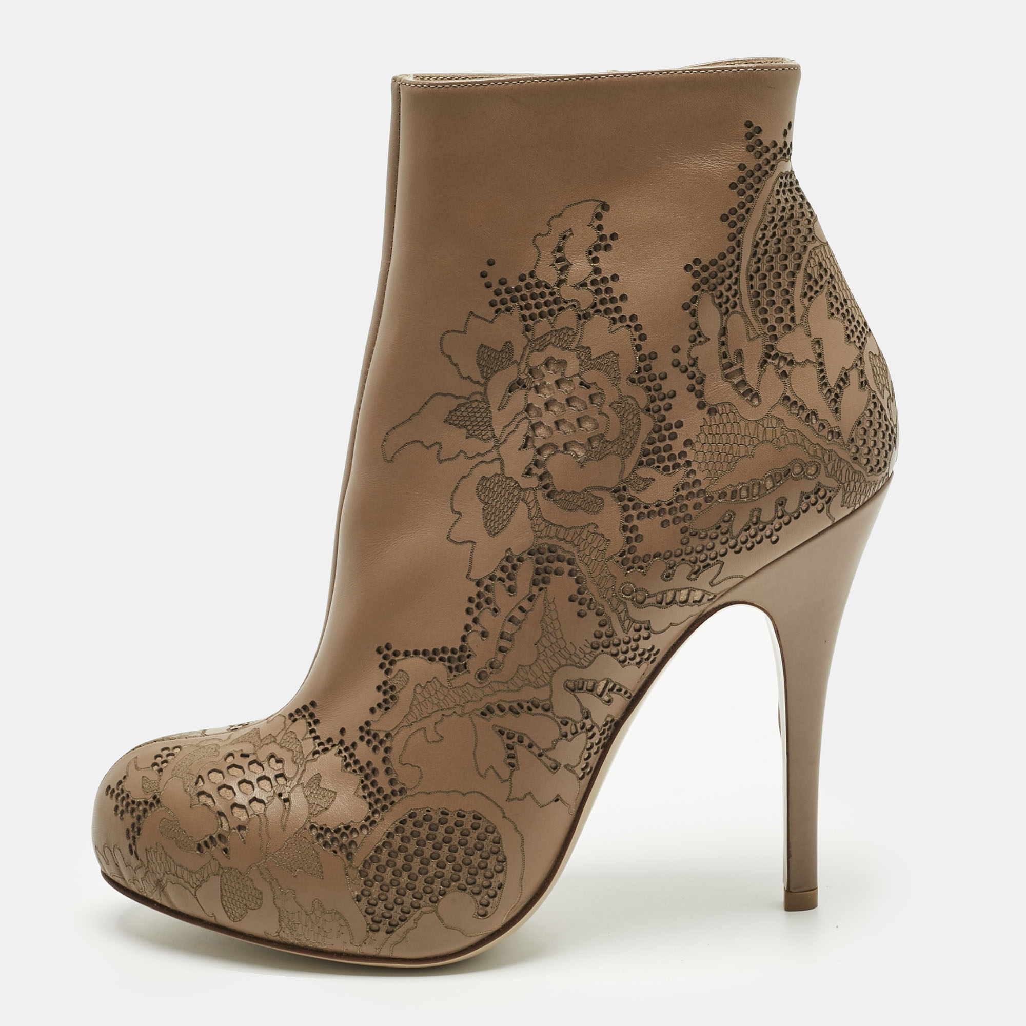

Valentino Beige Laser Cut Leather Platform Ankle Booties Size