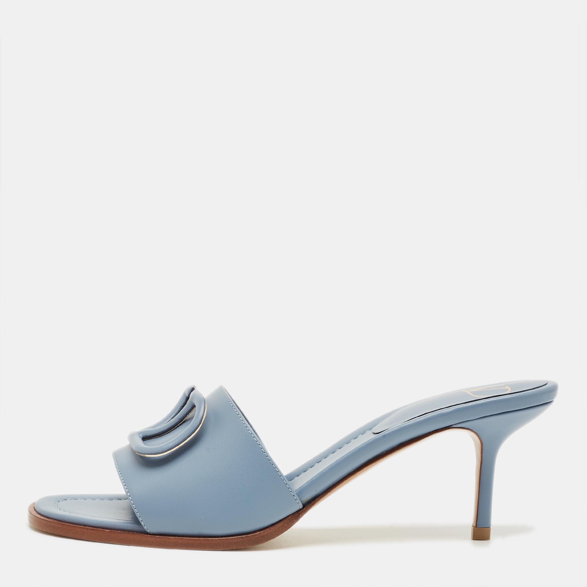 Pre-owned Valentino Garavani Blue Leather Vlogo Slide Sandals Size 39.5