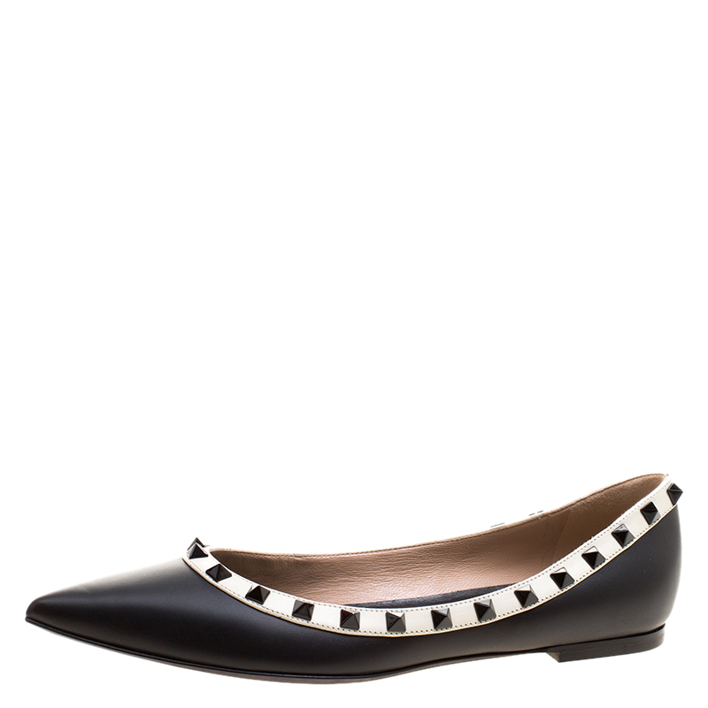 Pre Owned Valentino Black Leather Rockstud Pointed Toe Ballet Flats Size 39.5