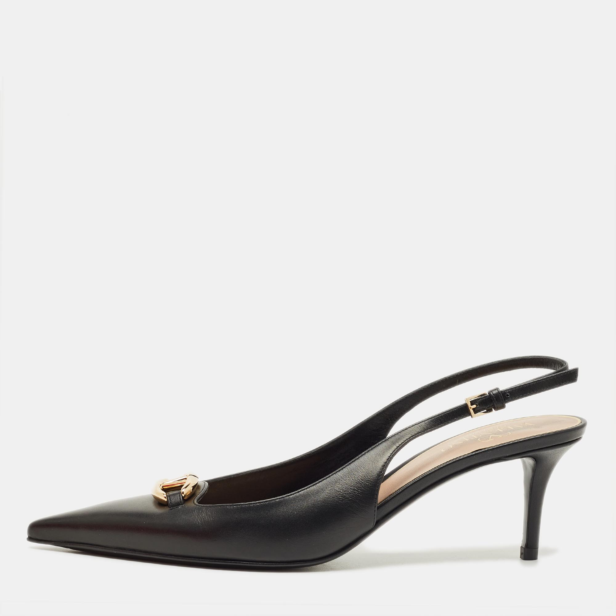 Pre-owned Valentino Garavani Black Leather The Bold Edition Vlogo Slingback Pumps Size 38