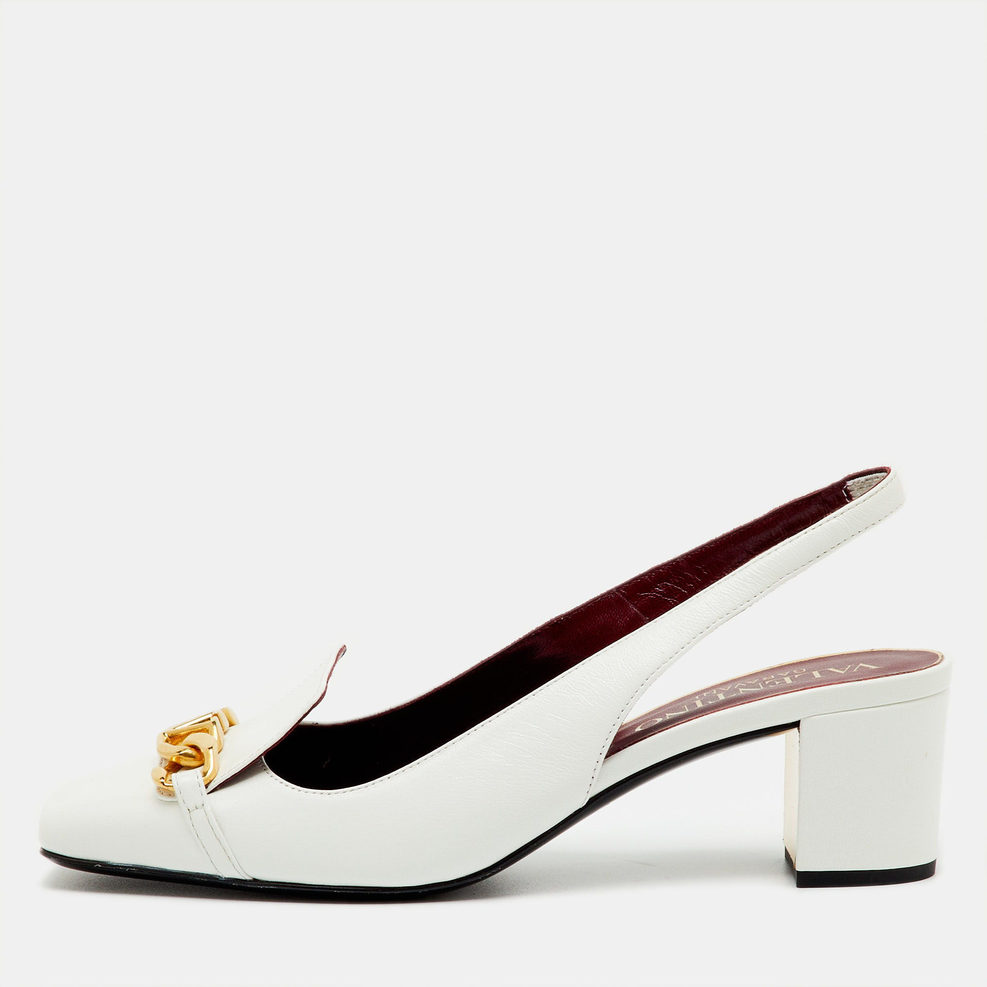 Pre-owned Valentino Garavani White Leather Vlogo Chain Block Heel Slingback Pumps Size 36