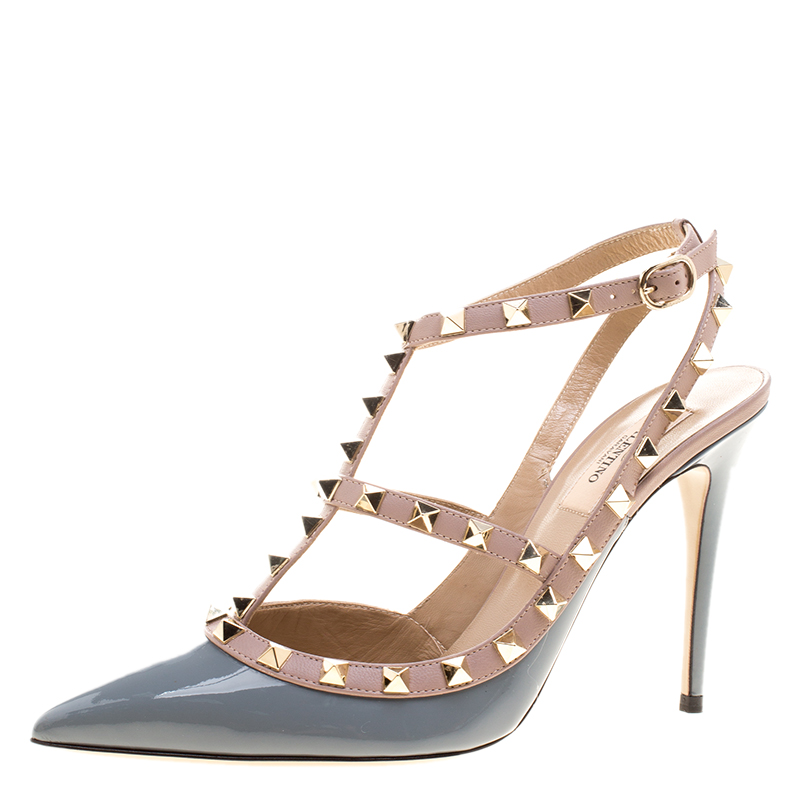 Pre Owned Valentino Grey Patent and Beige Leather Rockstud Sandals Size 39.5