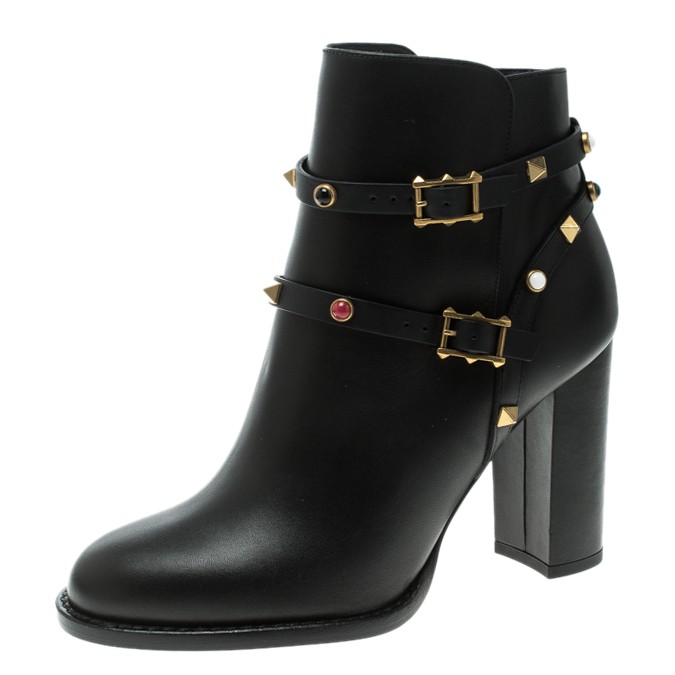 Pre Owned Valentino Black Leather Rolling Rockstud Ankle Boots Size 37