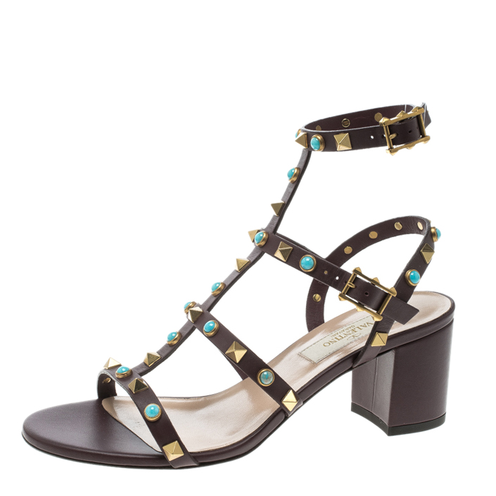 Pre Owned Valentino Mocha Brown Leather Rolling Rockstud Cabochon Gladiator Sandals Size 36