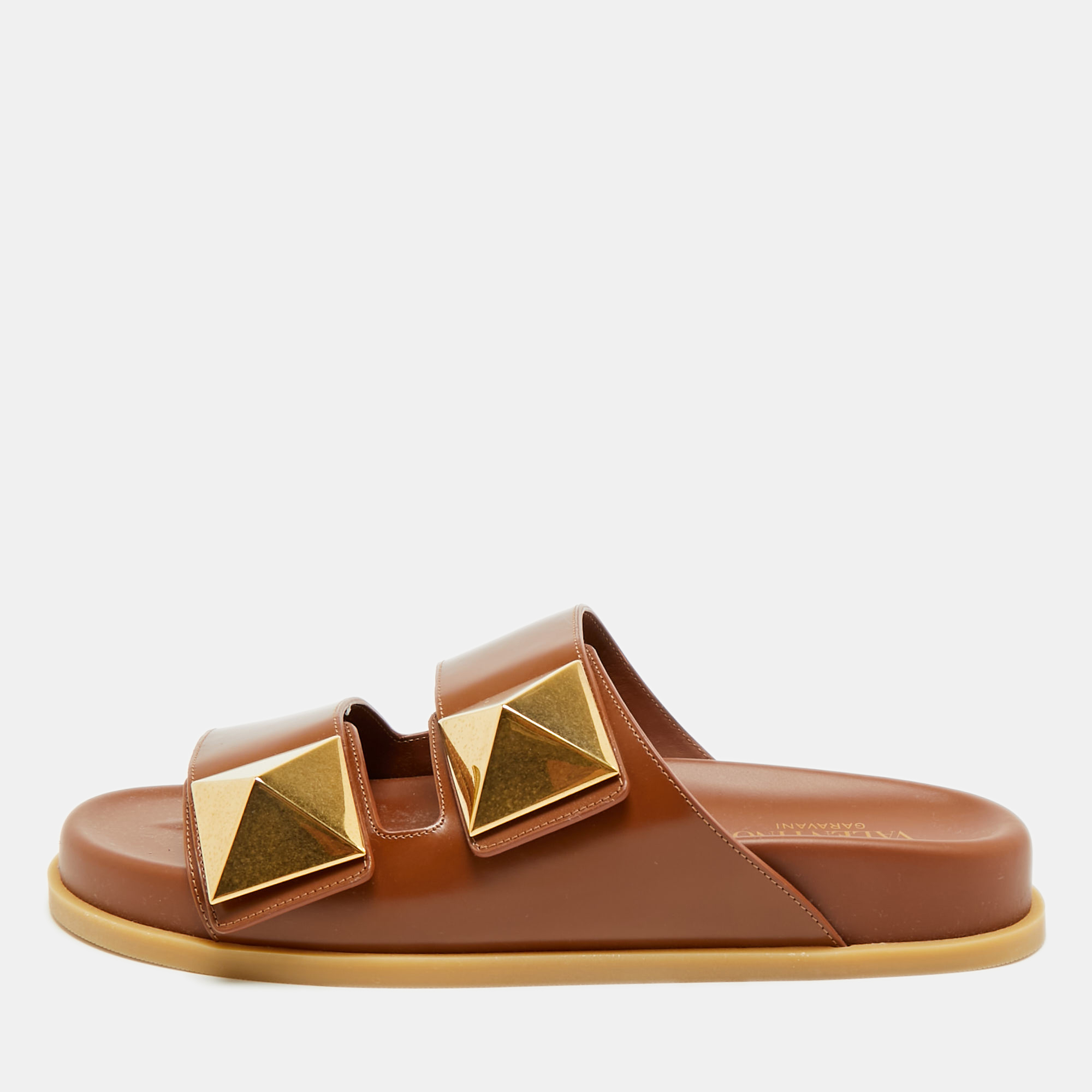 Pre-owned Valentino Garavani One Stud Size 39 Brown Leather Slide Sandals