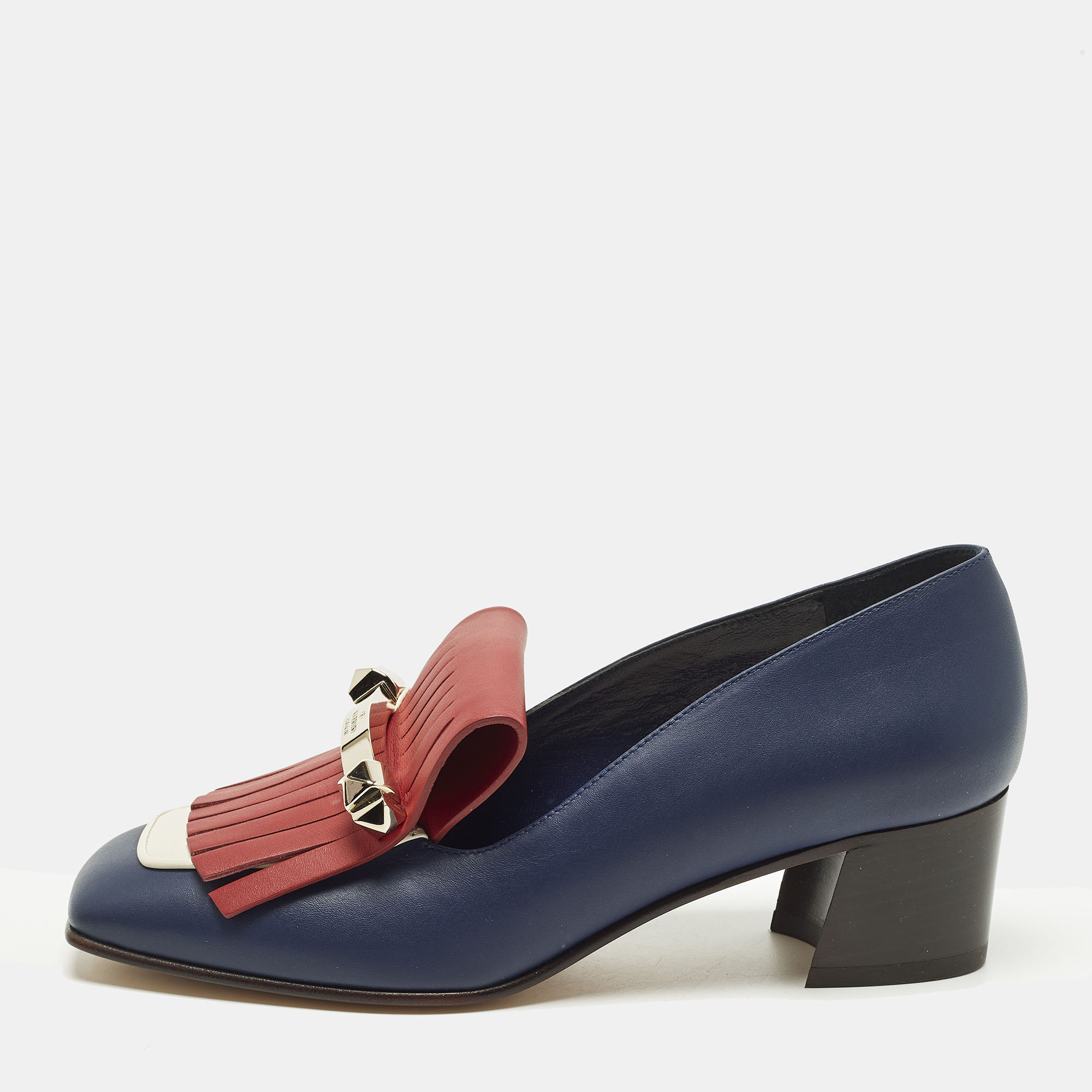 

Valentino Rockstud Size  Blue/Red Leather Block Heel Loafer Pumps
