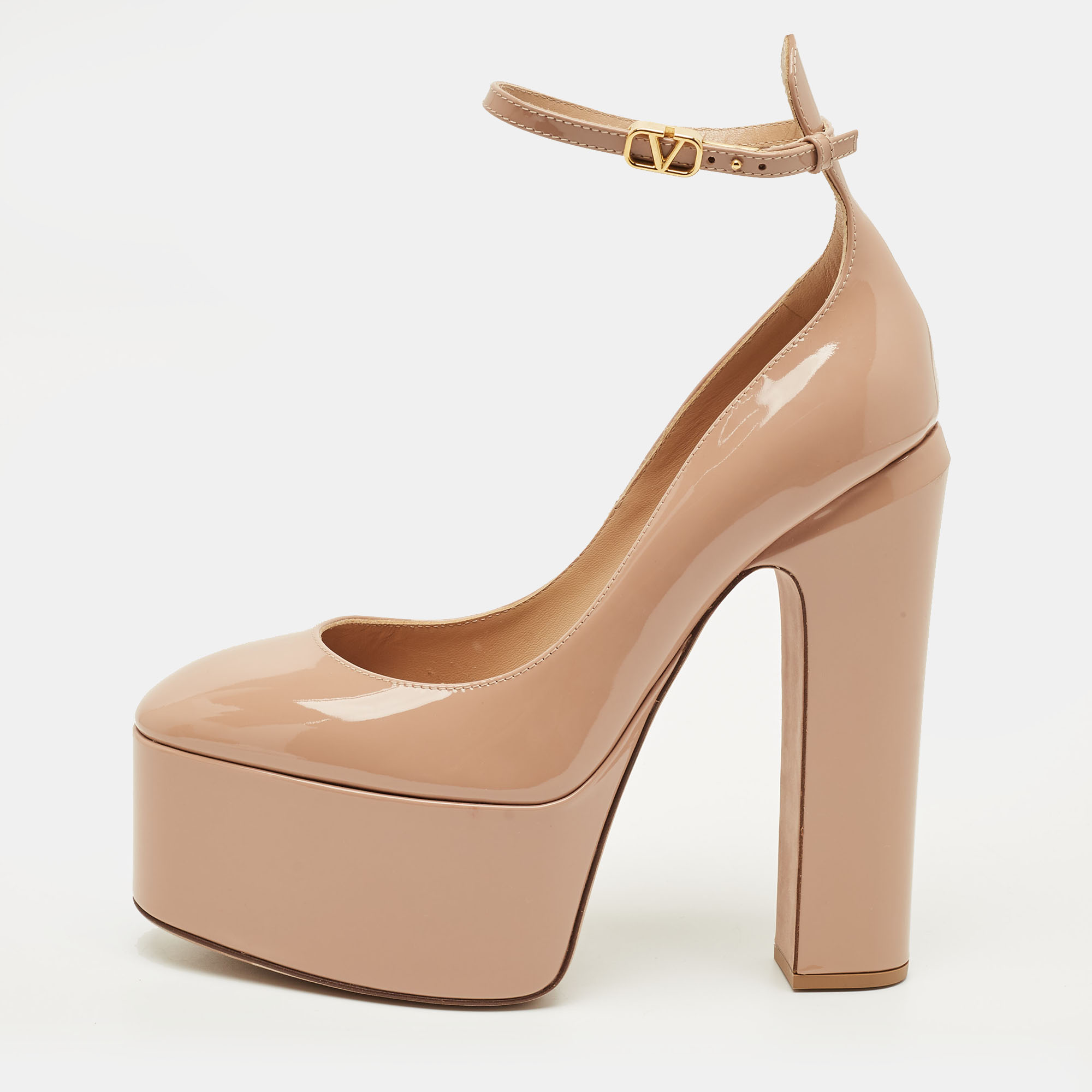 

Valentino Tan-Go Size  Beige Patent Leather Ankle Strap Platform Pumps
