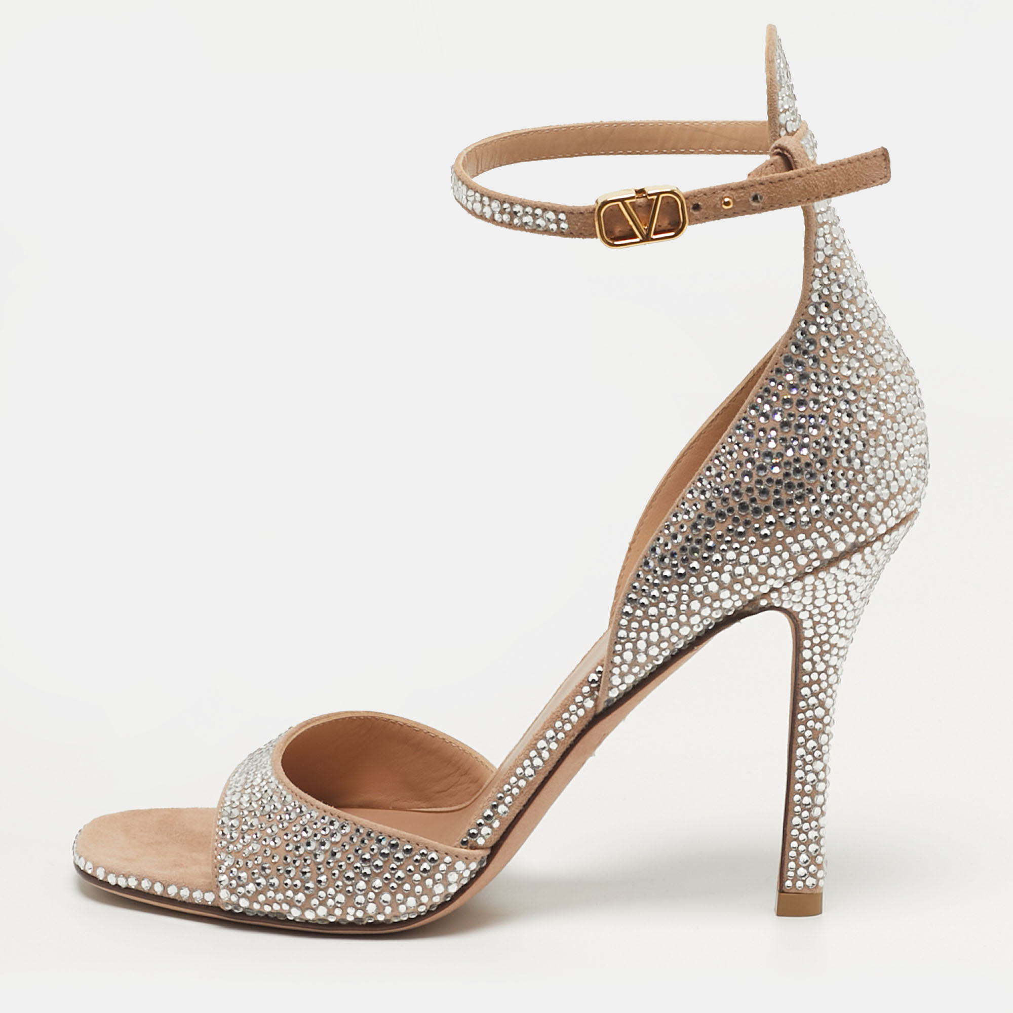 

Valentino Tan-Go Size  Silver Suede Crystal Embellished Ankle Strap Sandals